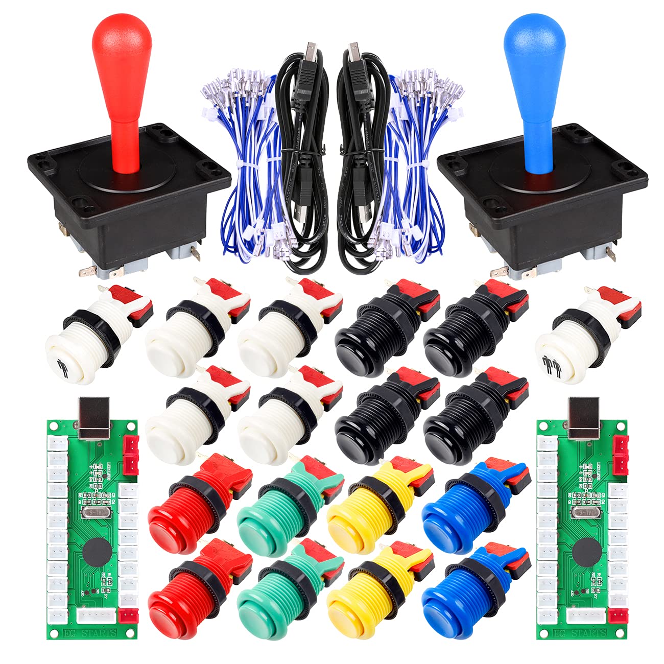 EG Starts 2 Jugador Kits de Bricolaje de Juegos de Arcade Elipse Oval Happ Type Joystick Hanlde + 18x Botones de Arcade de Colores Mixtos de Estilo Americano