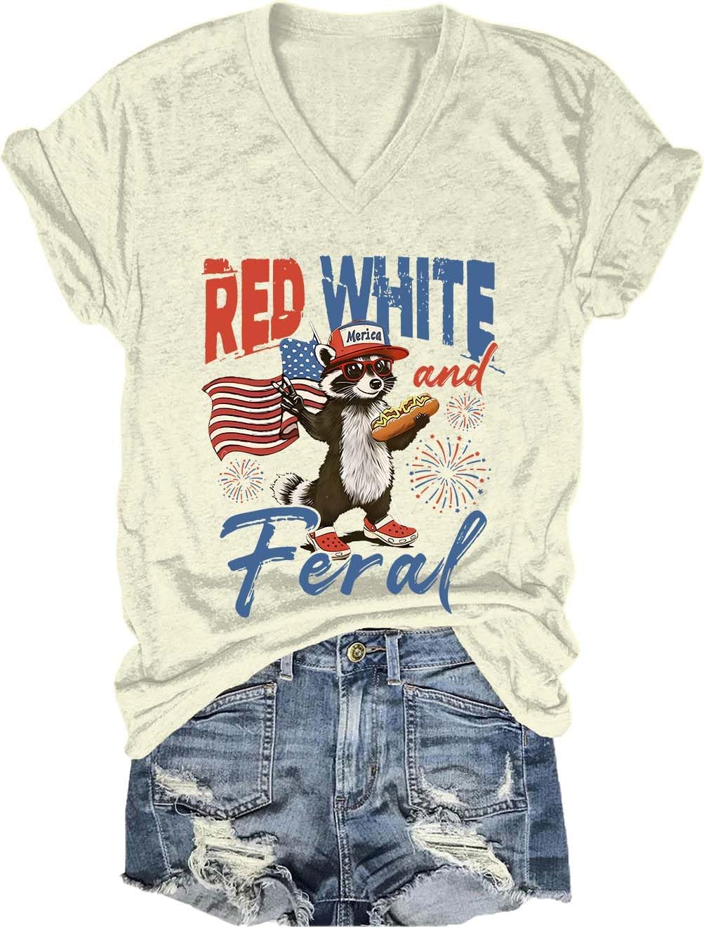 Red White and Feral Shirt, Funny Raccoon Red White and Feral V Neck Casual T-Shirt Tops for Women