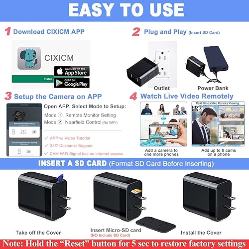 Miniatura 5 de LUOHE Paquete de 2 cámaras espía inalámbricas con WiFi oculta con visión remota, cámara oculta negra con vista superior y toma de pared blanca