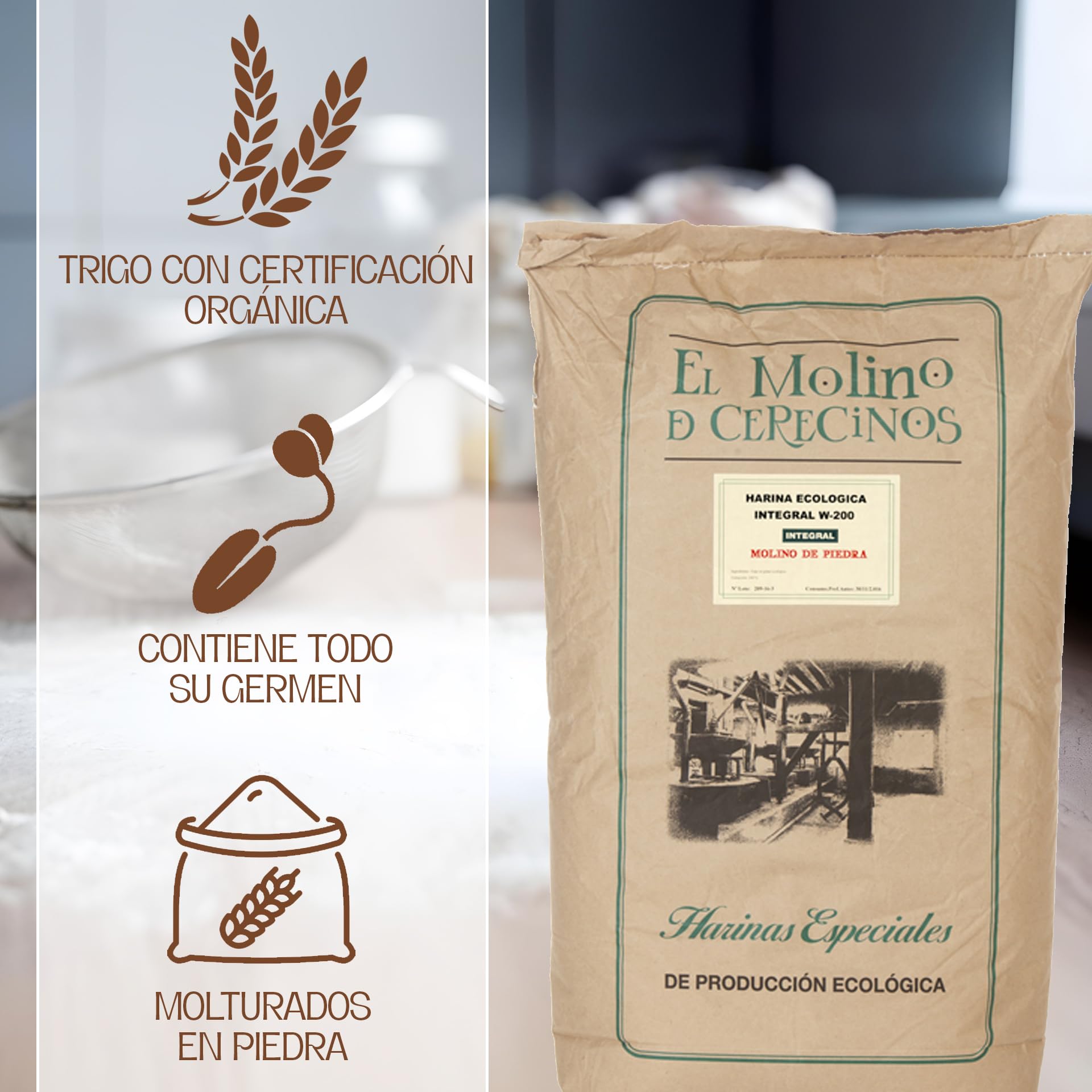 Harina de Trigo Ecológica Integral | Molida En Piedra | Trigos Ecológicos Certificados | Harina De Fuerza Equilibrada W-200, Alta en Fibra | Harina Ecológica Ideal Para Recetas Saludables | 25 Kg