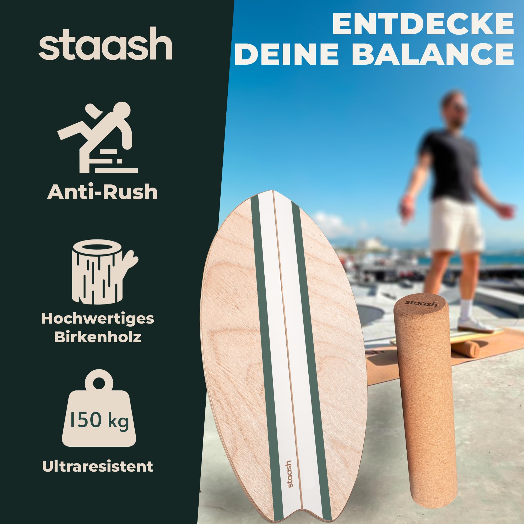 STAASH® Balance Board Holz – Pro Gleichgewichtstrainer inkl. Schutzmatte, Rolle, Halbkugel & Korkball + Videokurs – Indoor-Surfen & Stabilitätstraining