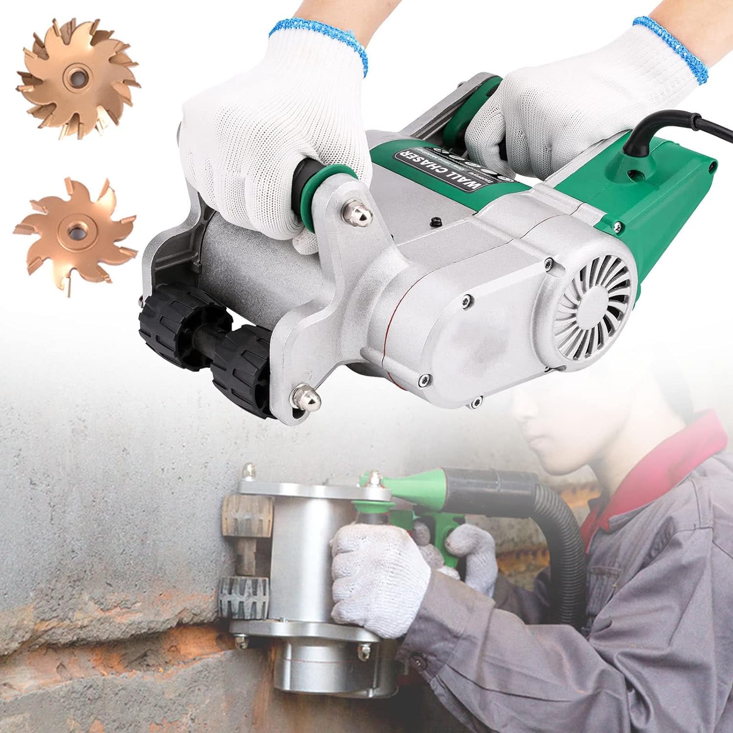 Rozadora de pared eléctrica, máquina ranuradora de pared sin polvo de 1100 W, máquina cortadora de pared de hormigón, hoja de aleación de 25 mm + 35 mm, ajuste de profundidad de ranurado de 20-30 mm,