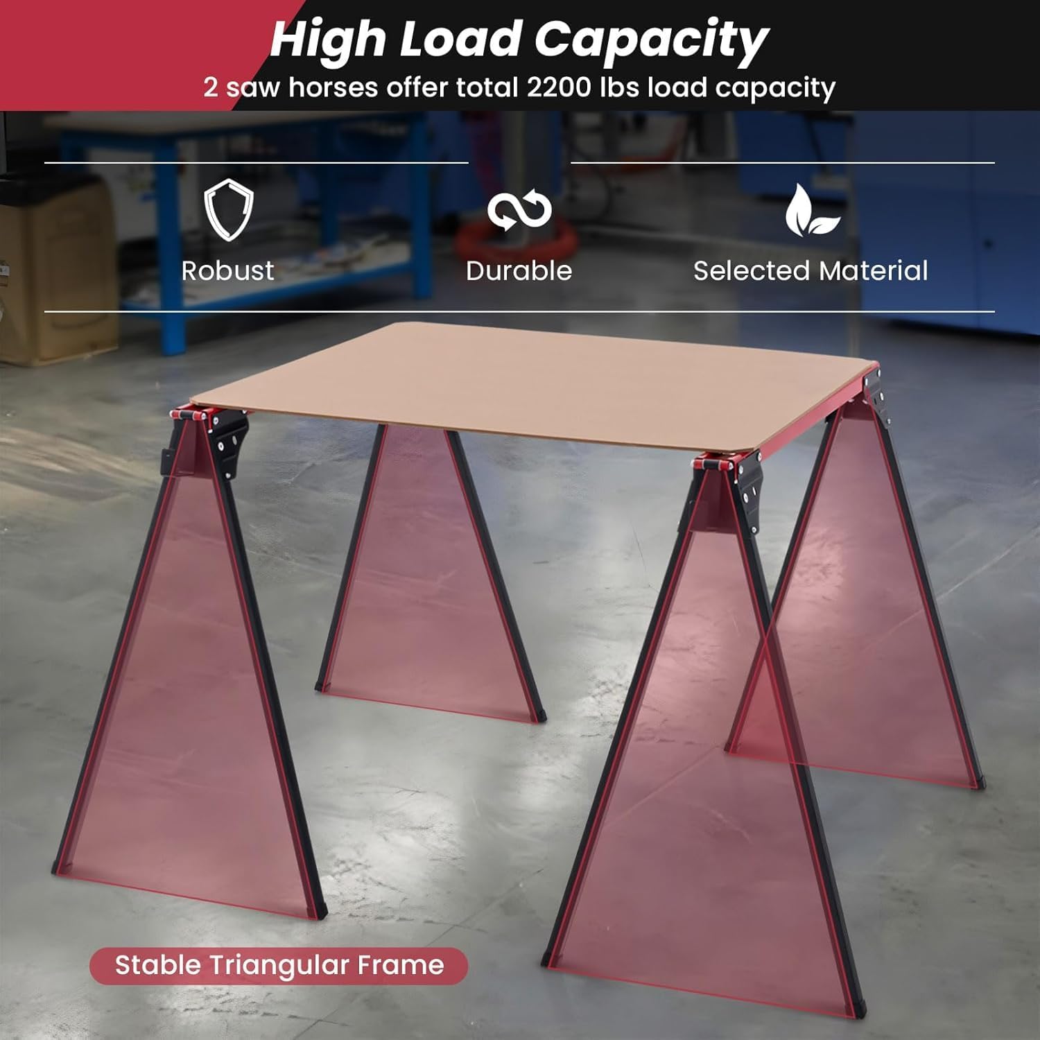 Nightcore Folding Sawhorses Pack of 2, Metal Sawhorses with Load Capacity up to 2200lbs, Portable Saw Bench with 2 x 4 Support Arms, 8.5lbs Lightweight Ideal for Woodworking, Carpenters, Contractors