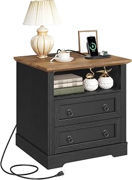 Farmhouse Nightstand with Charging Station and 2 Drawers