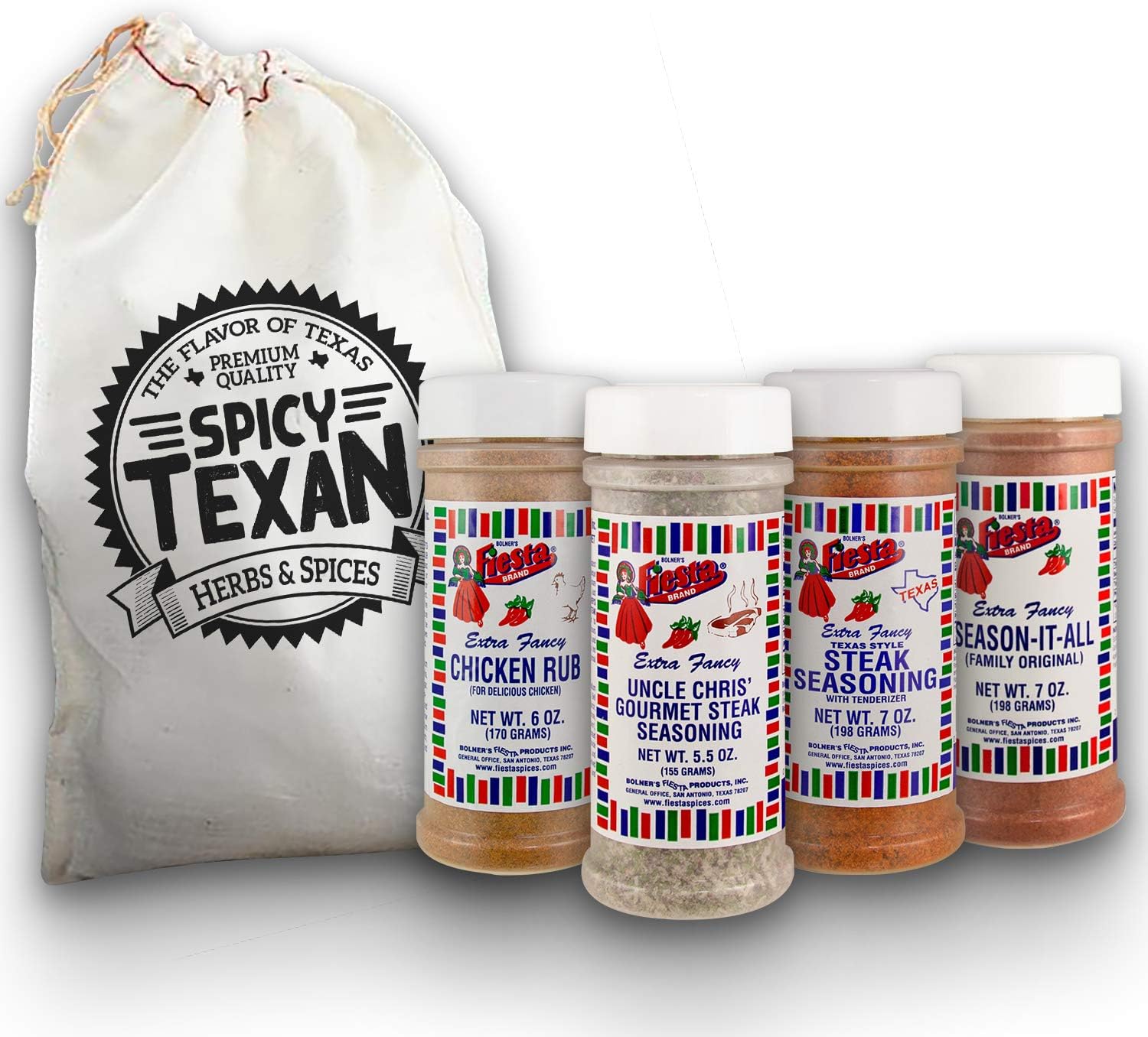 Steak Seasoning Set - Kit includes 1 each Uncle Chris' Gourmet Steak Seasoning, Texas Style Steak Seasoning, Season-It-All Purpose, Chicken Rub and an Artisan Hand Crafted Muslin Pull String Bag
