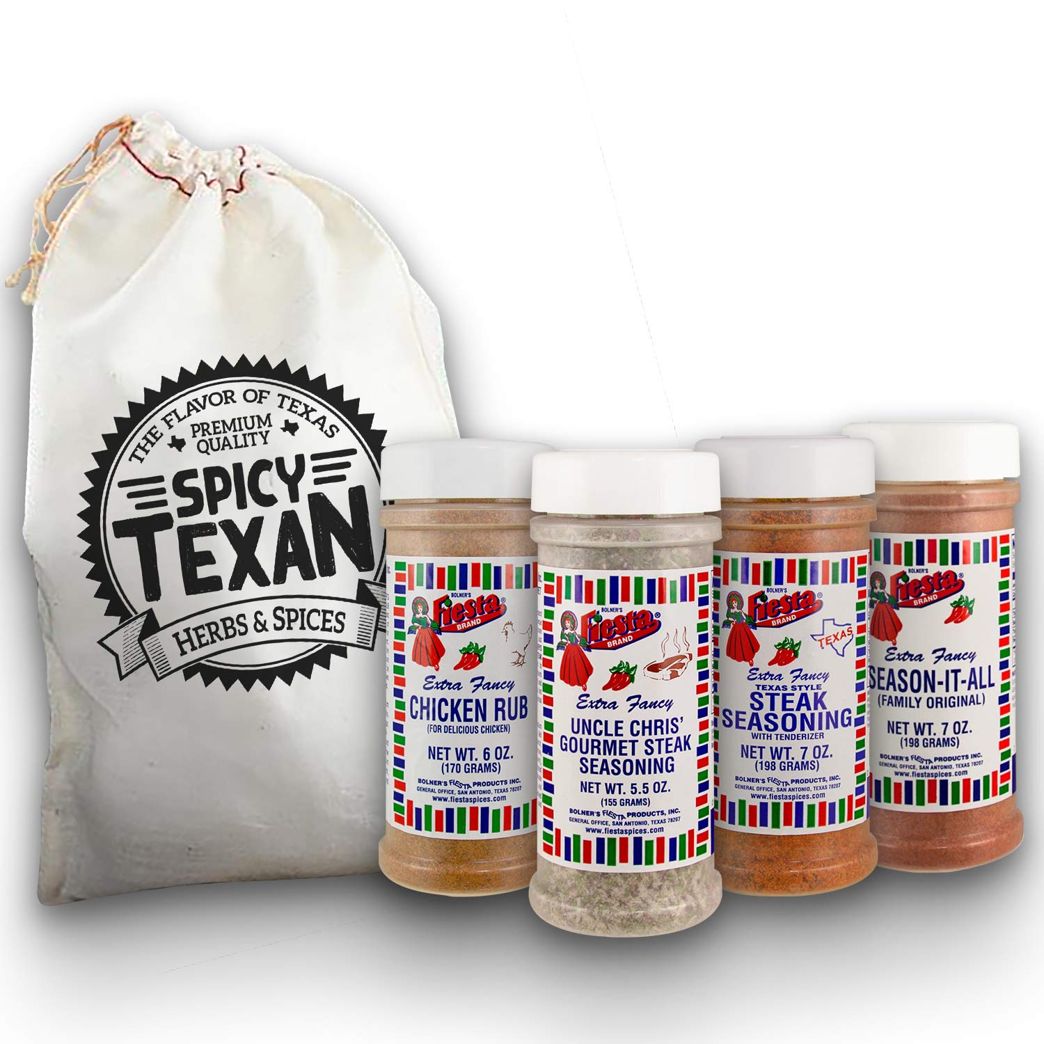 Steak Seasoning Set - Kit includes 1 each Uncle Chris' Gourmet Steak Seasoning, Texas Style Steak Seasoning, Season-It-All Purpose, Chicken Rub and an Artisan Hand Crafted Muslin Pull String Bag