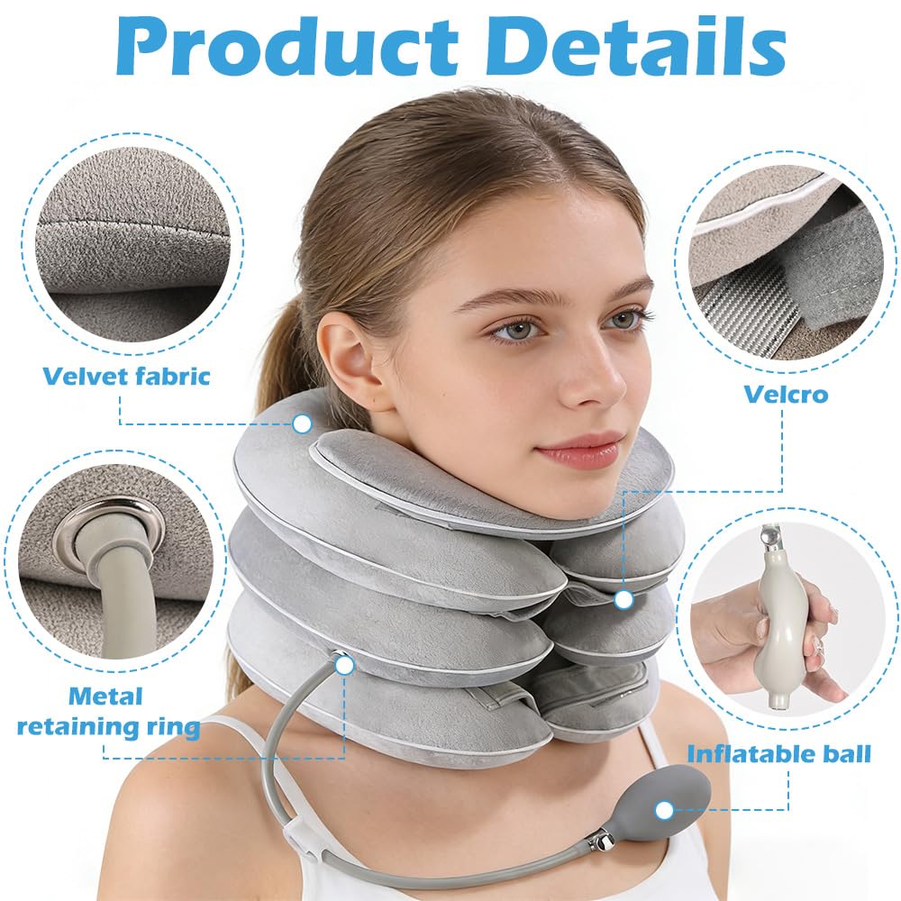 Étireur cervical gonflable, Soutien du cou avec conception d'étirement à 3 niveaux et support mentonnier, Oreiller cervical gonflable, Minerve pour le soulagement des douleurs chroniques (Gris clair)