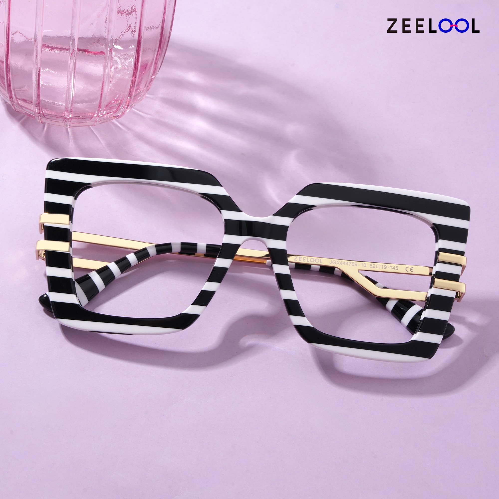 Zeelool Oversized Square Glasses Frames for Women Black White Stripe Eyeglasses Fashion Non Prescription Designer Eyewear Poutine JGX444789-10