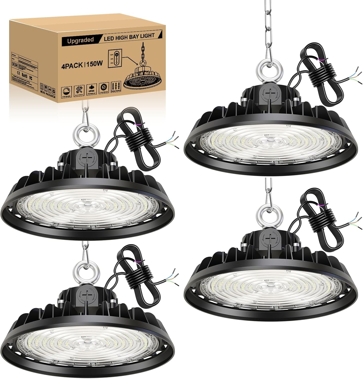 UFO Lot de 4 projecteurs LED 150 W pour grande hauteur, lumière de garage 22 500 lm, éclairage pour atelier, 6 000 K, éclairage 120 °, lampe industrielle IP65, variable 90 W/120 W/150 W, usines, bâtiments, entrepôts, garages, stades