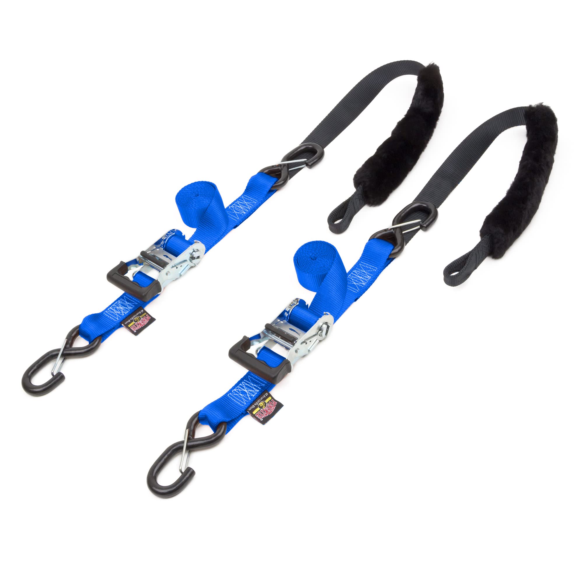 PowerTye 1.5in x 7ft Fat Strap Deluxe Ratchet Tie-Downs w/Sheepskin Soft-Tye, Latch Hooks - 1,000 lb. W.L.L. / 3,000 lb. Breaking Strength - Made in USA - Blue (Pair)