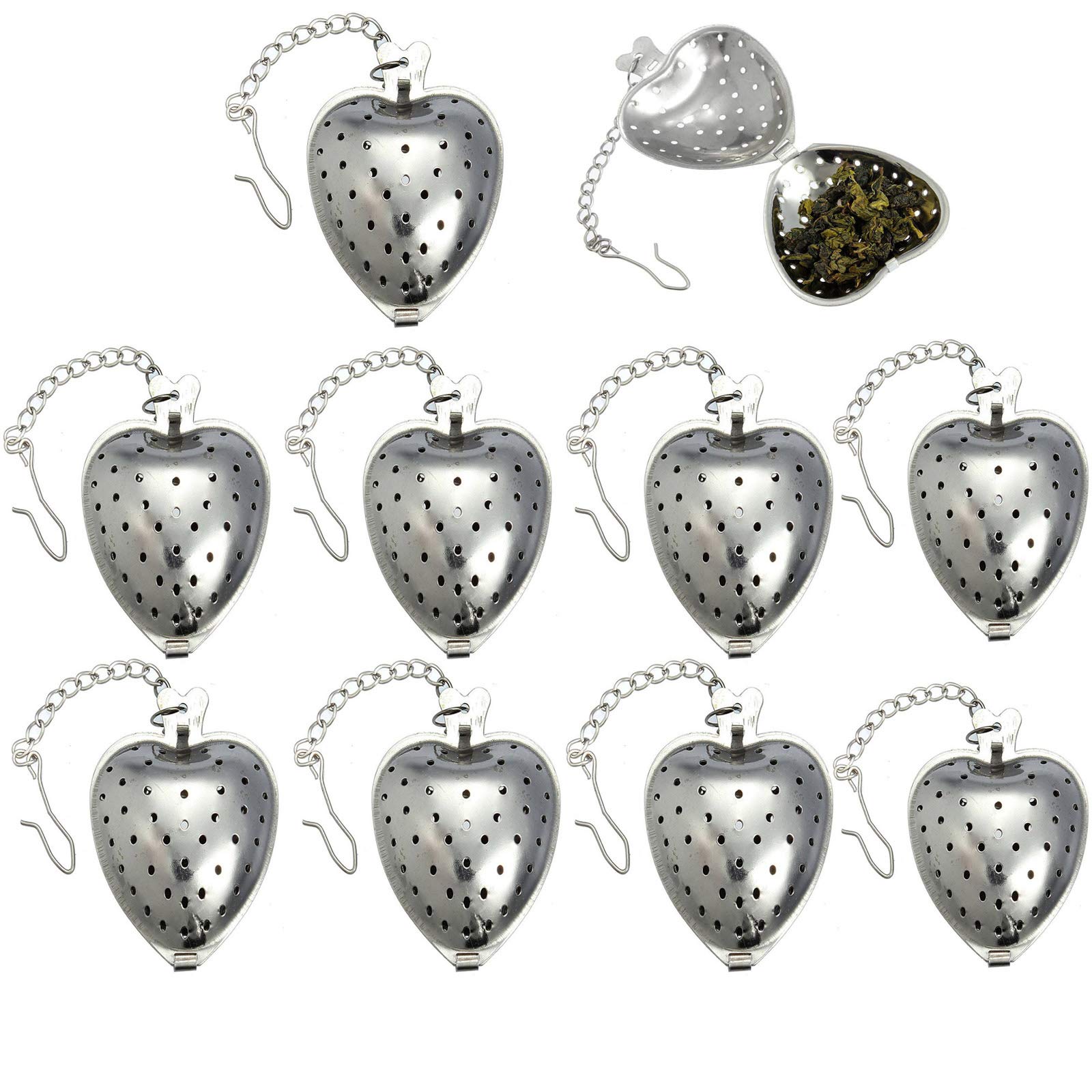 VEIREN 10 Pieces Stainless Steel Tea Strainers Heart Shaped Tea Infuser Ball with Chain Hook Fine Holes Tea Interval Diffuser Manual Closed Loose Tea Leaf Spice Herbal Filter Portable Tea Accessories