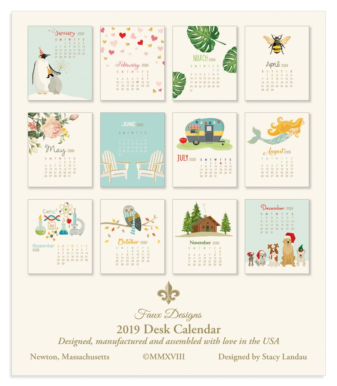 Faux Designs 2019 Foil Embossed Desk Calendar with Convertible Stand