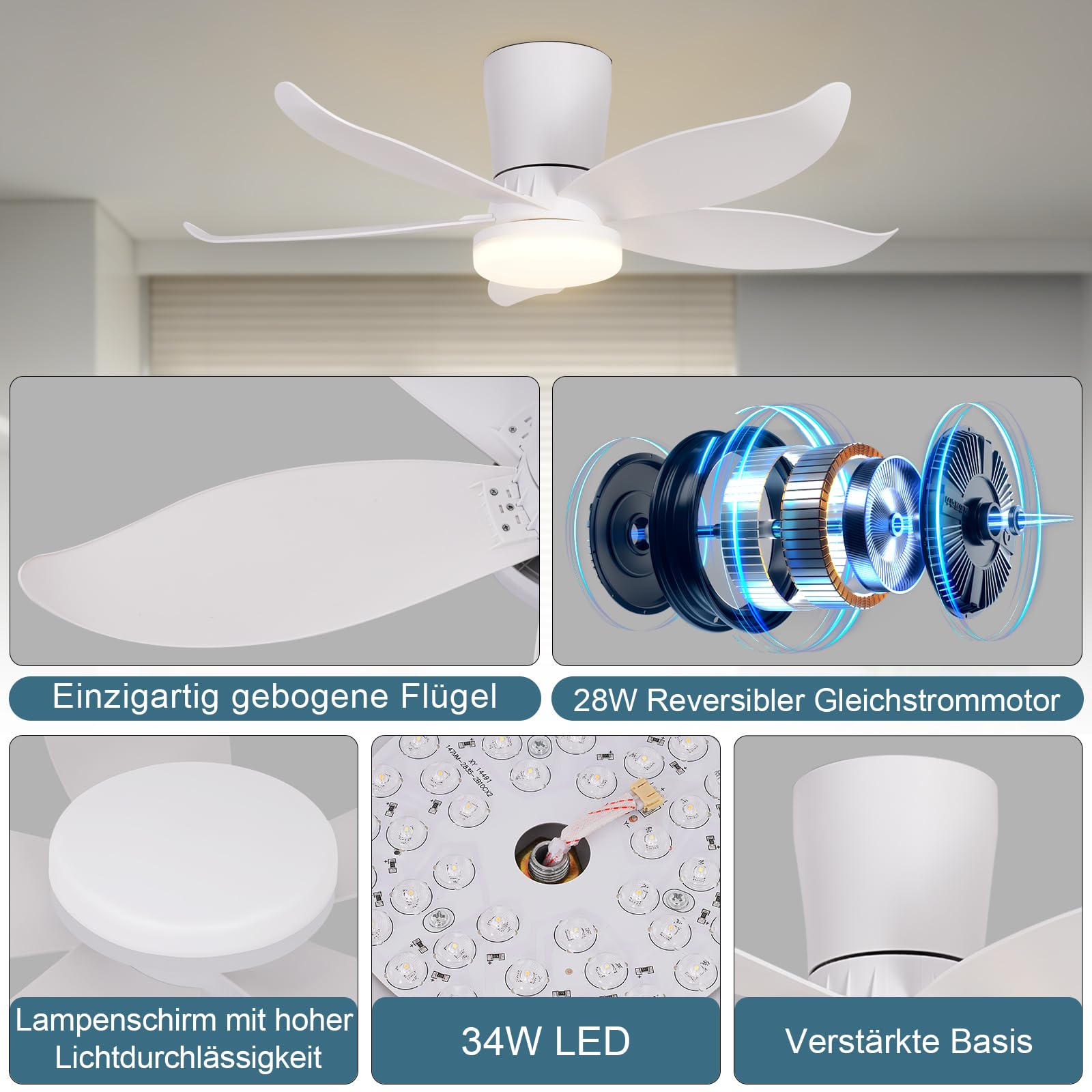 Glitzerlife LED wentylator sufitowy z oświetleniem i pilotem - 34W, 95cm biały, 6 prędkości, cichy, ściemnialny, do sypialni i salonu