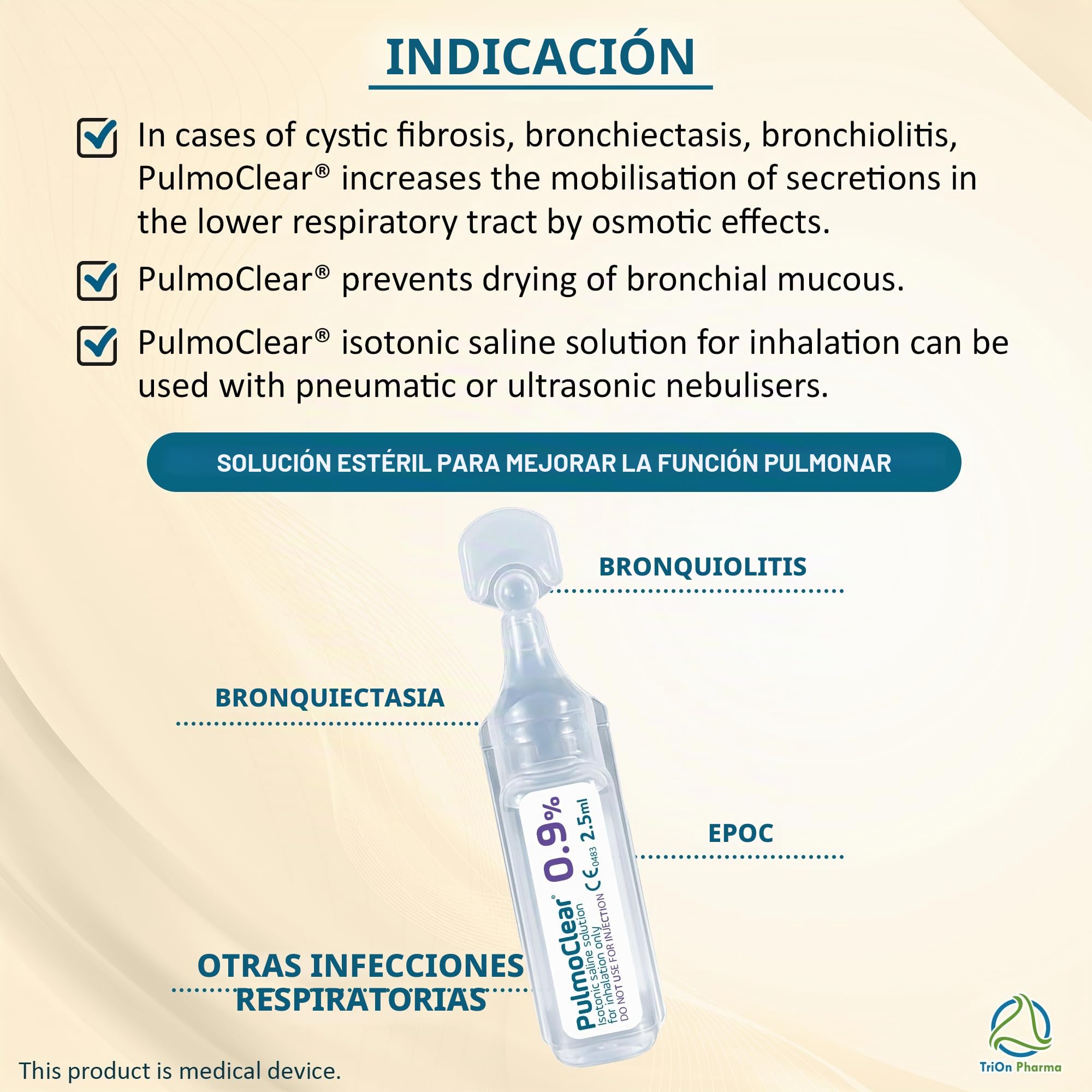 Cloruro de sodio isotónico estéril al 0,9 % - Solución salina de inhalación NaCl para humificación de las vías respiratorias. Vial de dosis unitaria de 20 x 2,5 ml, grado farmacéutico