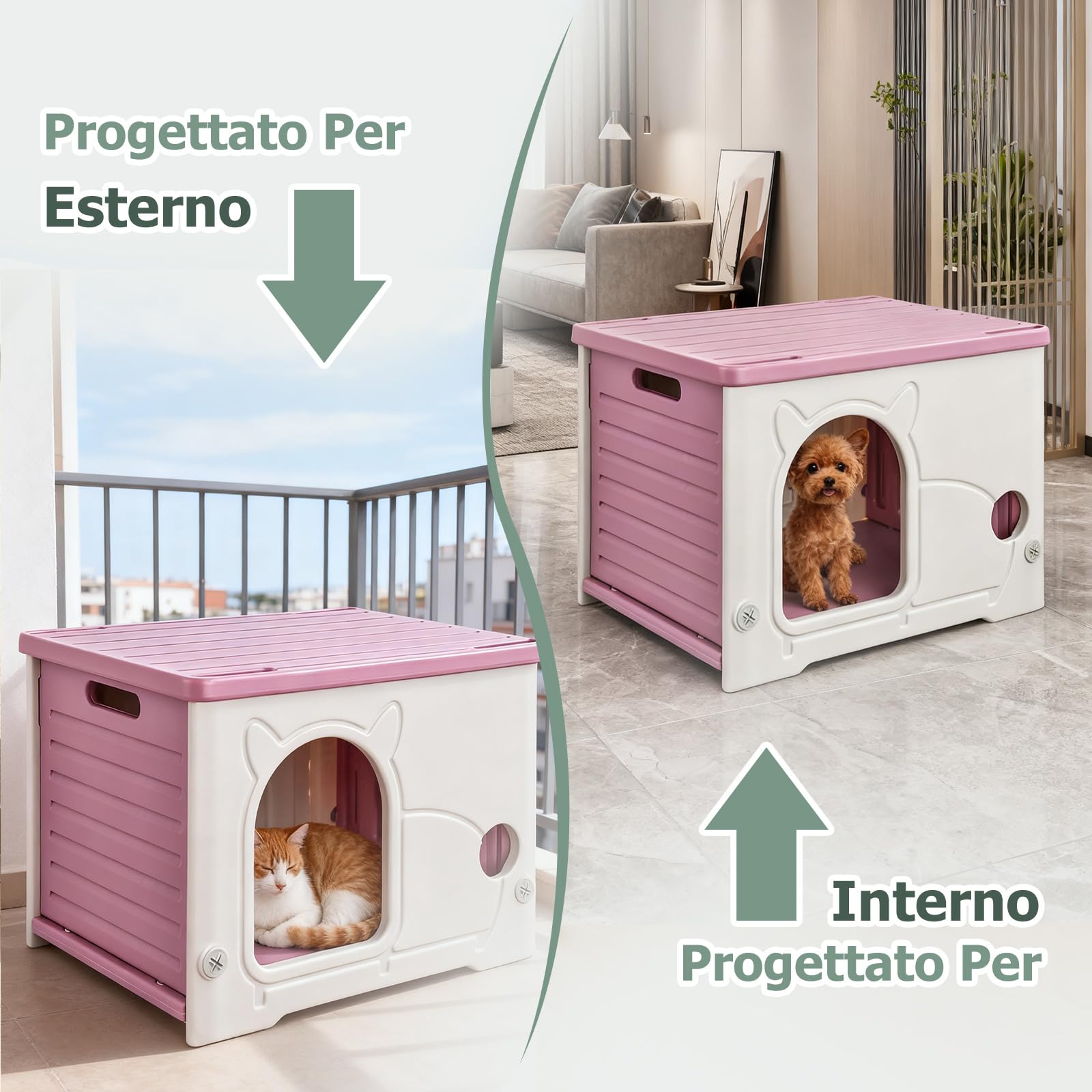 PETCUTE Casetta per Gatti in Plastica per Esterni,per Interni ed Esterni,Impilabile,Cuccia Cane Esterno,Isolata,Impermeabile,Rifugio Resistente all'Acqua,per Gatti Selvatici,Rosso Rosa