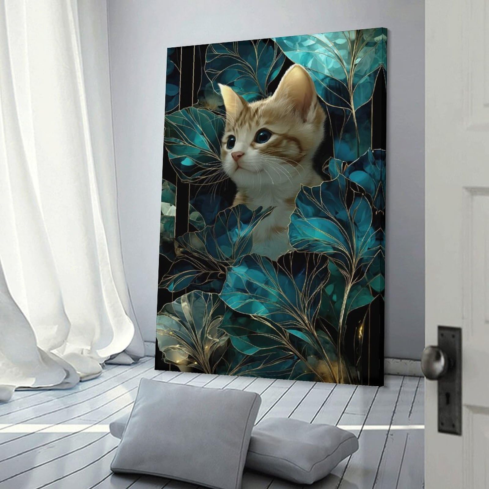 Junmoney Frame-Style-12 Kitten In Teal Floral Art Canvas Wall Decor, 24X36inch(60X90cm), For Bedroom, Guest Room Or Reading Nook, Canvas Wall Decor For Personal Spaces