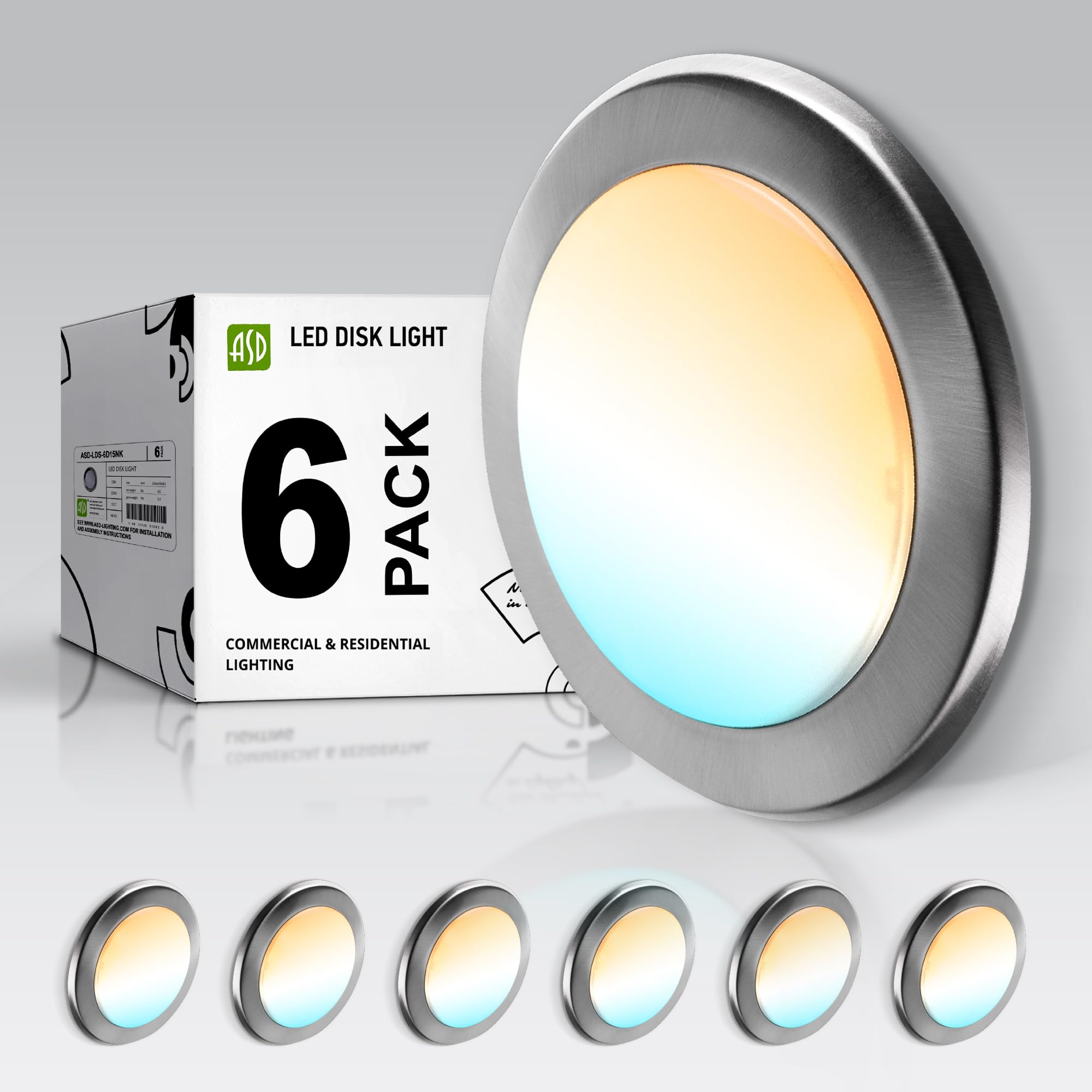 ASD 6 Pack LED Disk Lights 6 Inch, 15W 5CCT 2700K-5000K 1245LM
