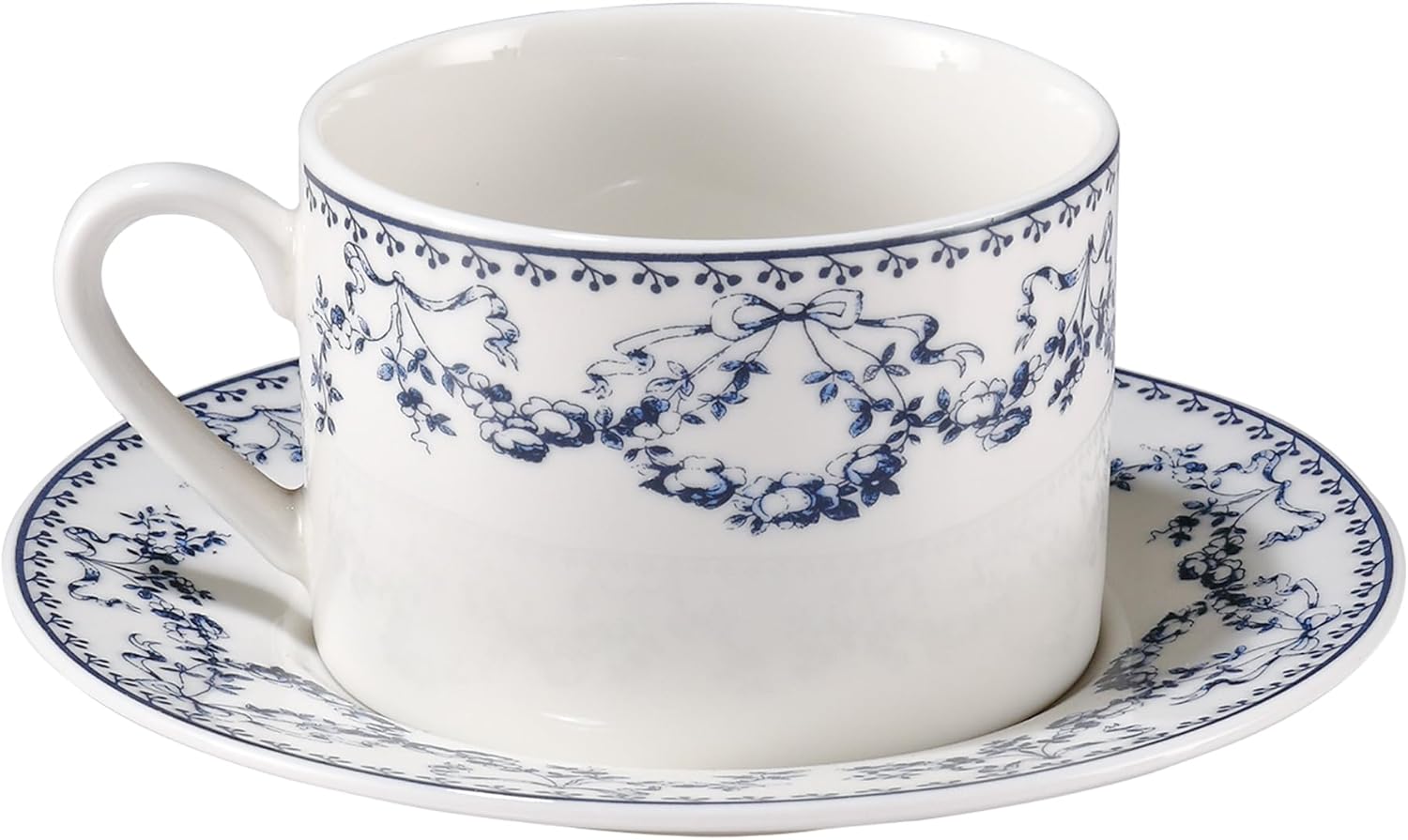 fanquare 8 oz Blue Floral Coffee Cup and Saucer Set, Hand-Printed Bow Flower Procelain Tea Cups for Espresso Latte Cappuccino Home Tea Party Gifting