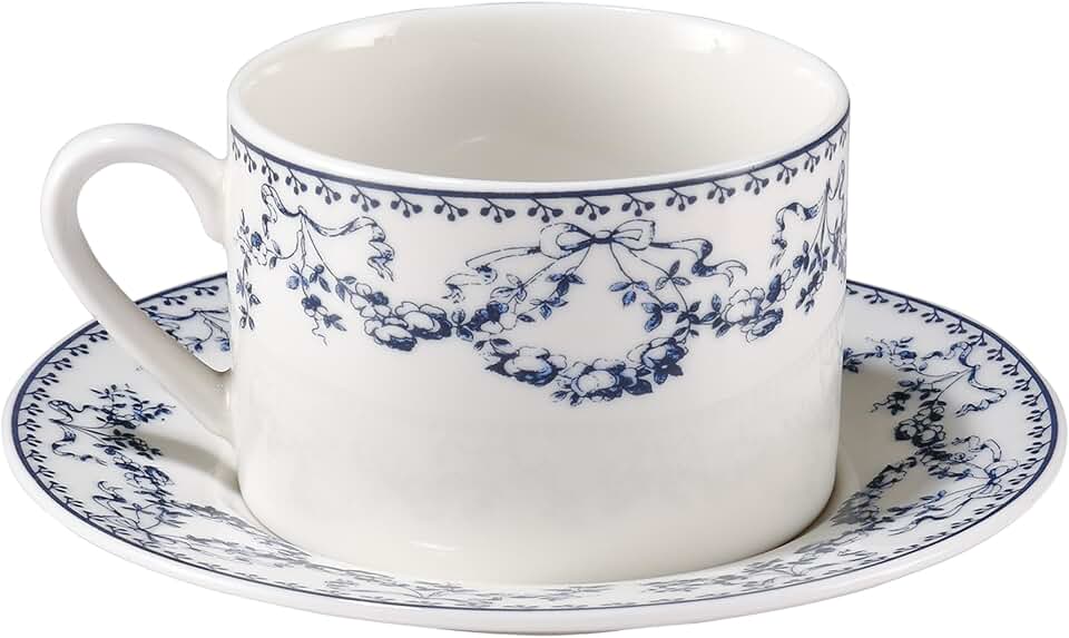 fanquare Euro Style Ensembles Tasses et Soucoupes en Porcelaine 230ml Motif Nœud Papillon et Fleurs Bleue, Tasse à Thé avec Soucoupe pour Petit-Déjeuner Bureau et Maison