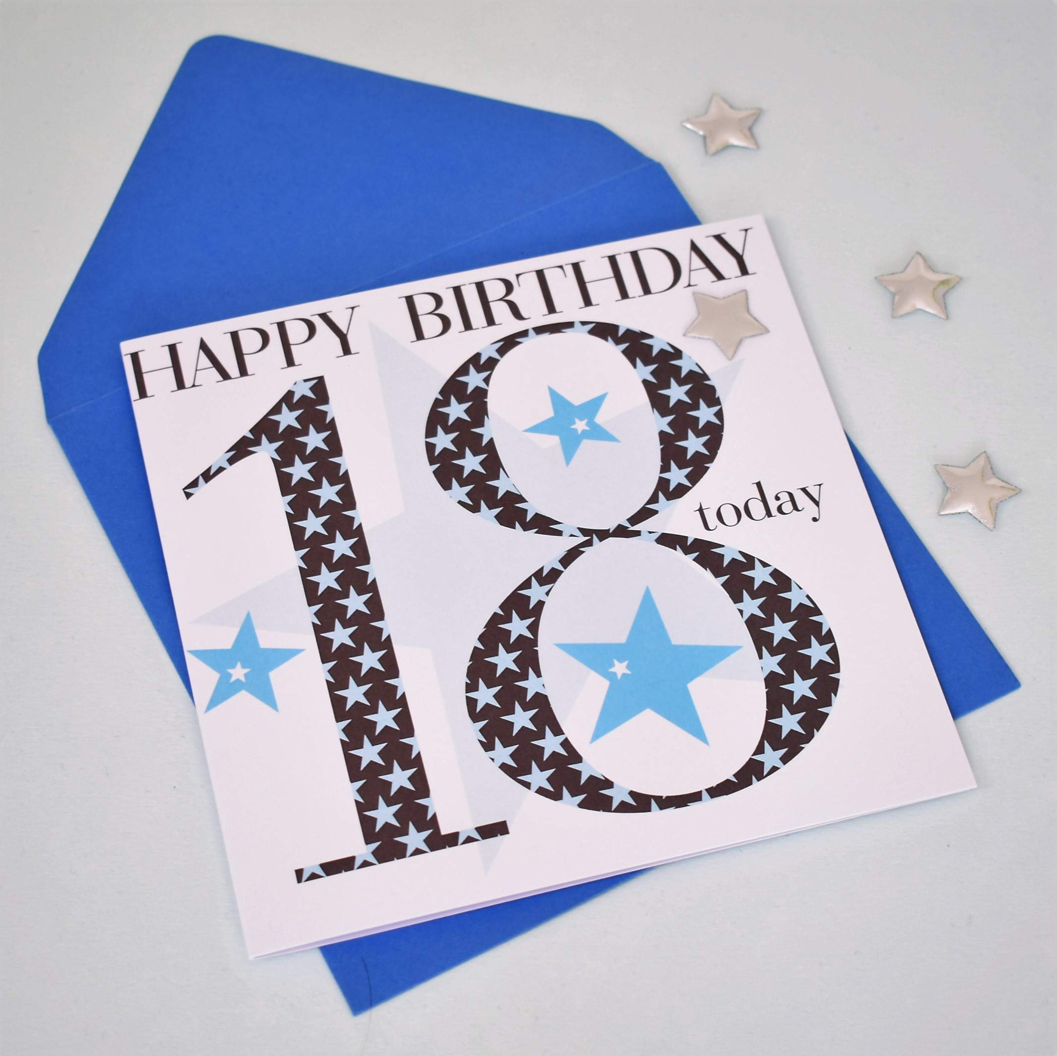 Claire Giles Age 18 Birthday Card For Boys - 150x150mm, Silver Star Embellishment, Blank Inside, UK Made