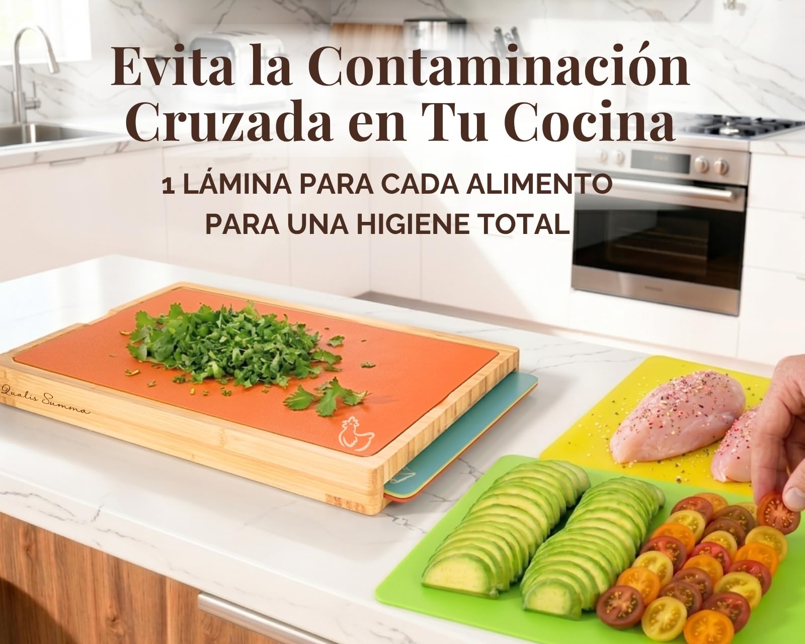 Tabla de Cortar Antibacteriana - 6 Tablas de Cocina en 1 - Tabla para Cortar Cocina - Tabla Cortar Bambú - Sin BPA - 5 Láminas para Evitar la Contaminación Cruzada - Qualis Summa