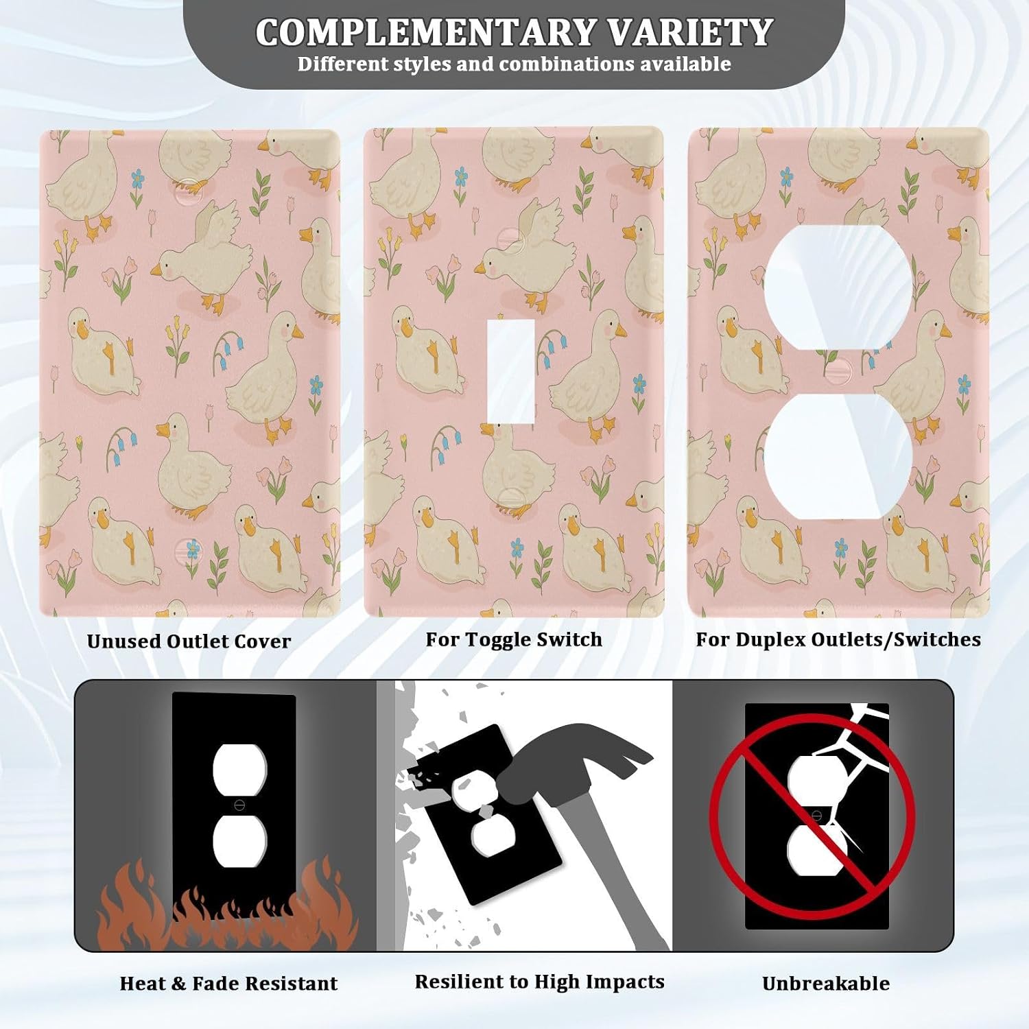 Blueangle Cute White Ducks Duplex Outlets Wall Plate, Standard Size 1-Gang Electrical Outlet Cover Plates for Home Office Bedroom Decorator 4.53 x 2.76 Inch