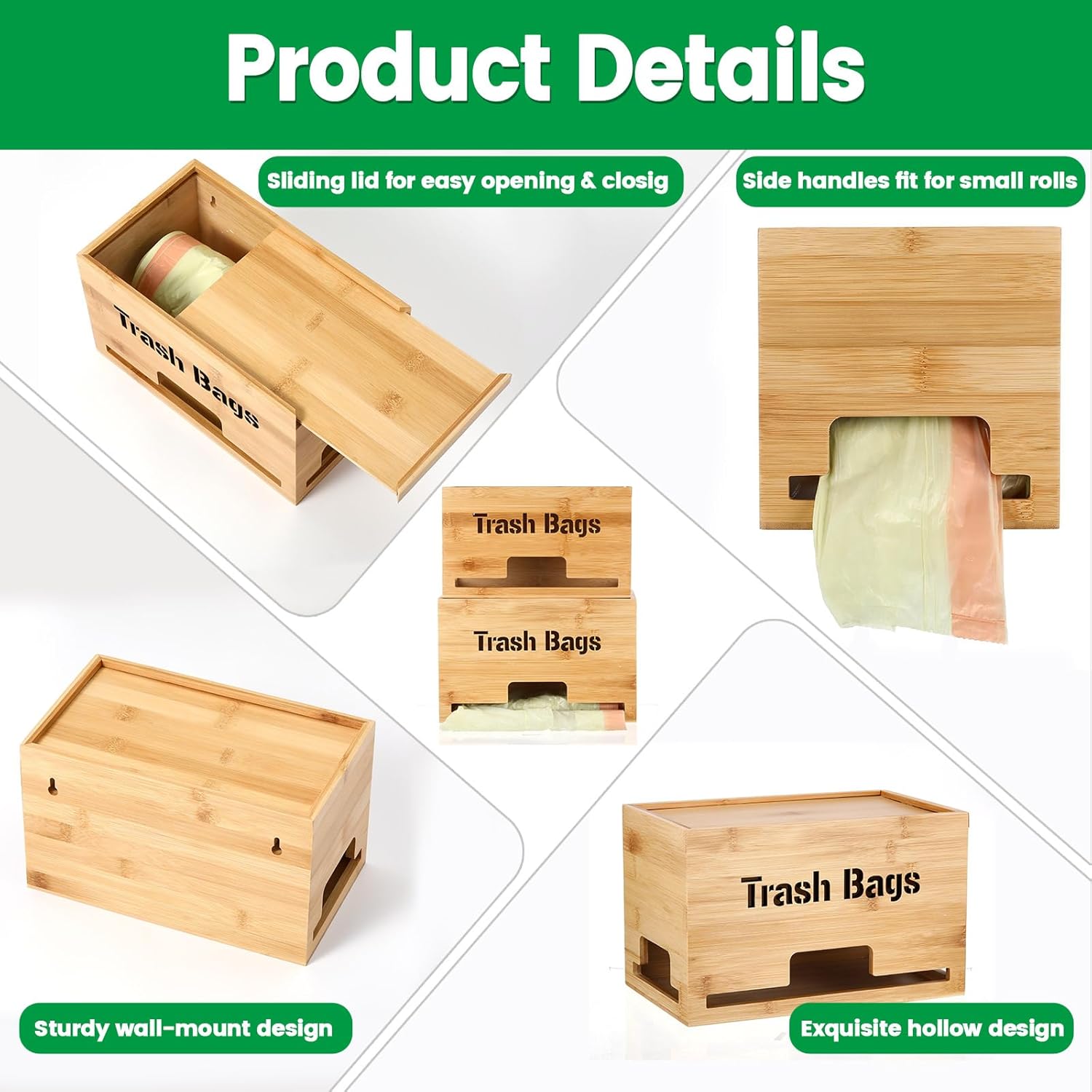 Kathfly 2 Pcs Bamboo Trash Bag Holder Dispenser Stackable Garbage Bag Dispenser, Large and Small Size Trash Organizer for Farmhouse Kitchen Laundry Under Sink, Wall Mounted or Freestanding