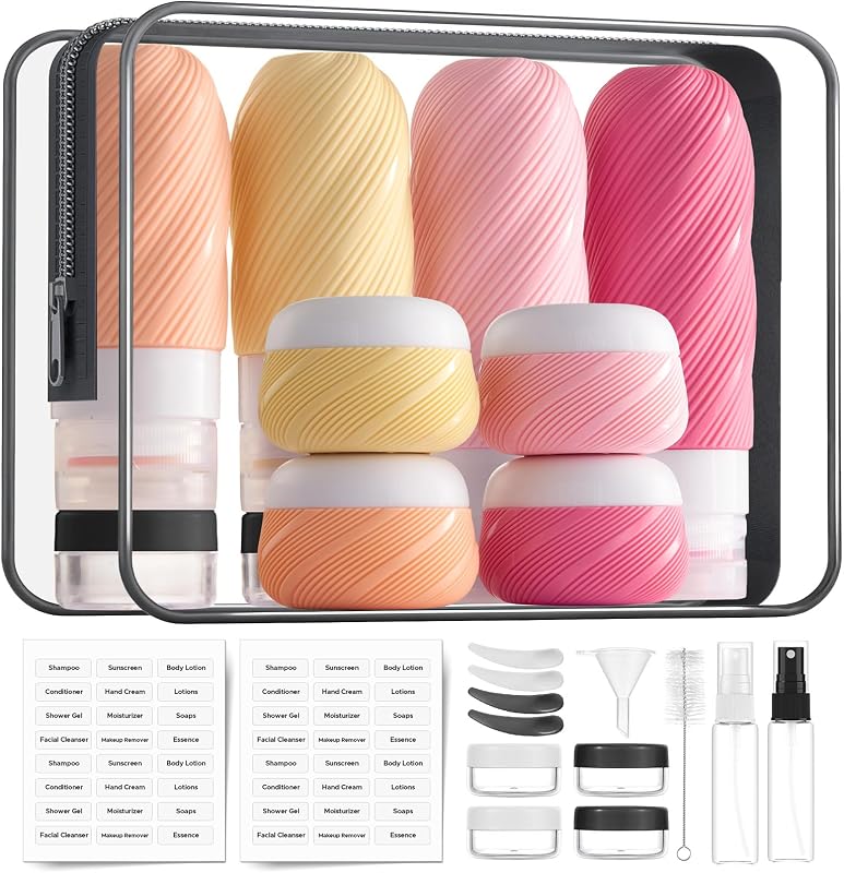 23 Pack TSA Approved Travel Bottles for Toiletries, Leak Proof | 3 oz Refillable Travel Size Containers Kit with Silicone Squeezable Bottles Jars for Shampoo Lotion Conditioner, in Clear Bag