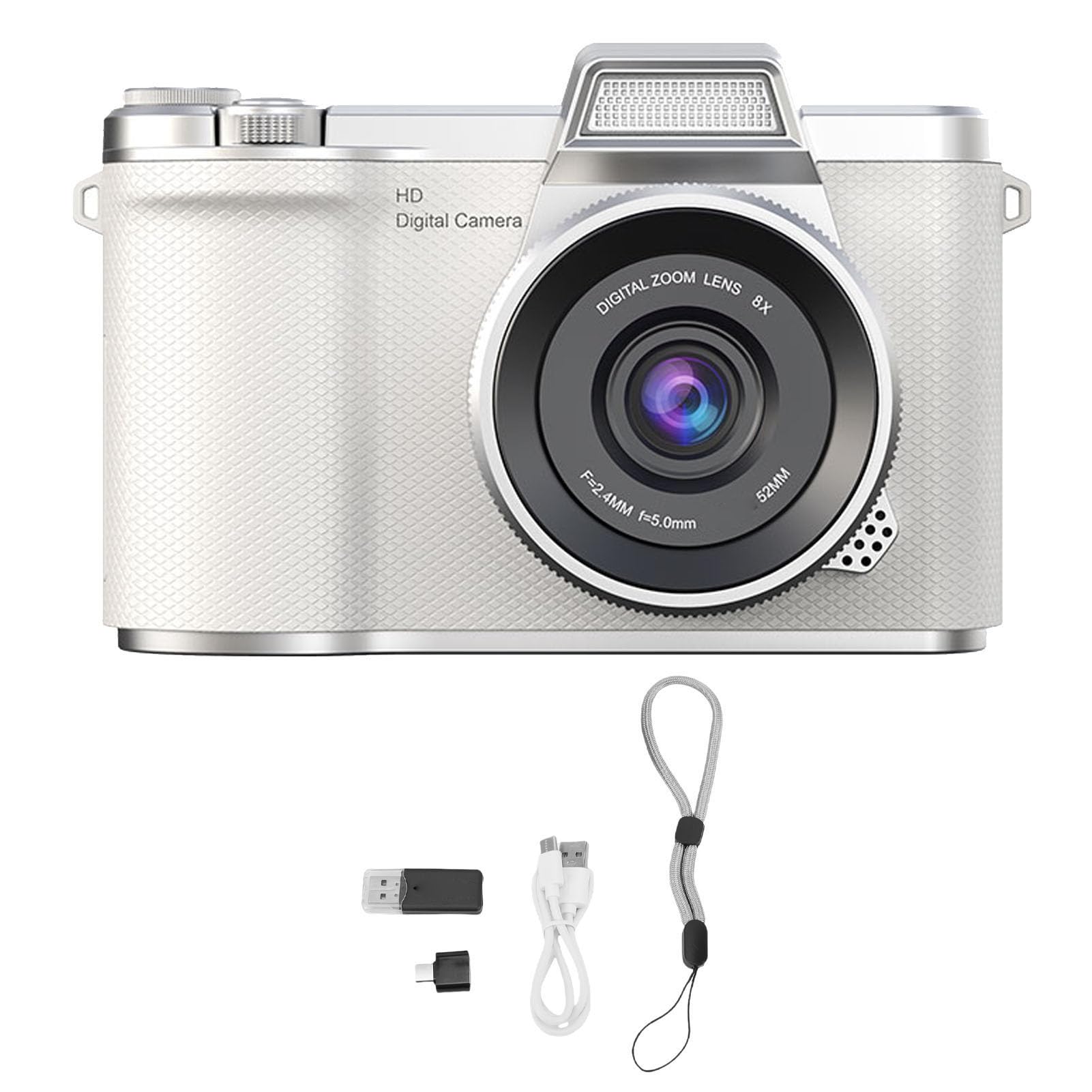 Fockety Fotocamera Digitale per Fotografia, Fotocamera Mirrorless da 48MP con Zoom 8X 1080P con Schermo Flip da 2,4" a 180° Flash per Vlogging con Messa a Fuoco Automatica, (WHITE)