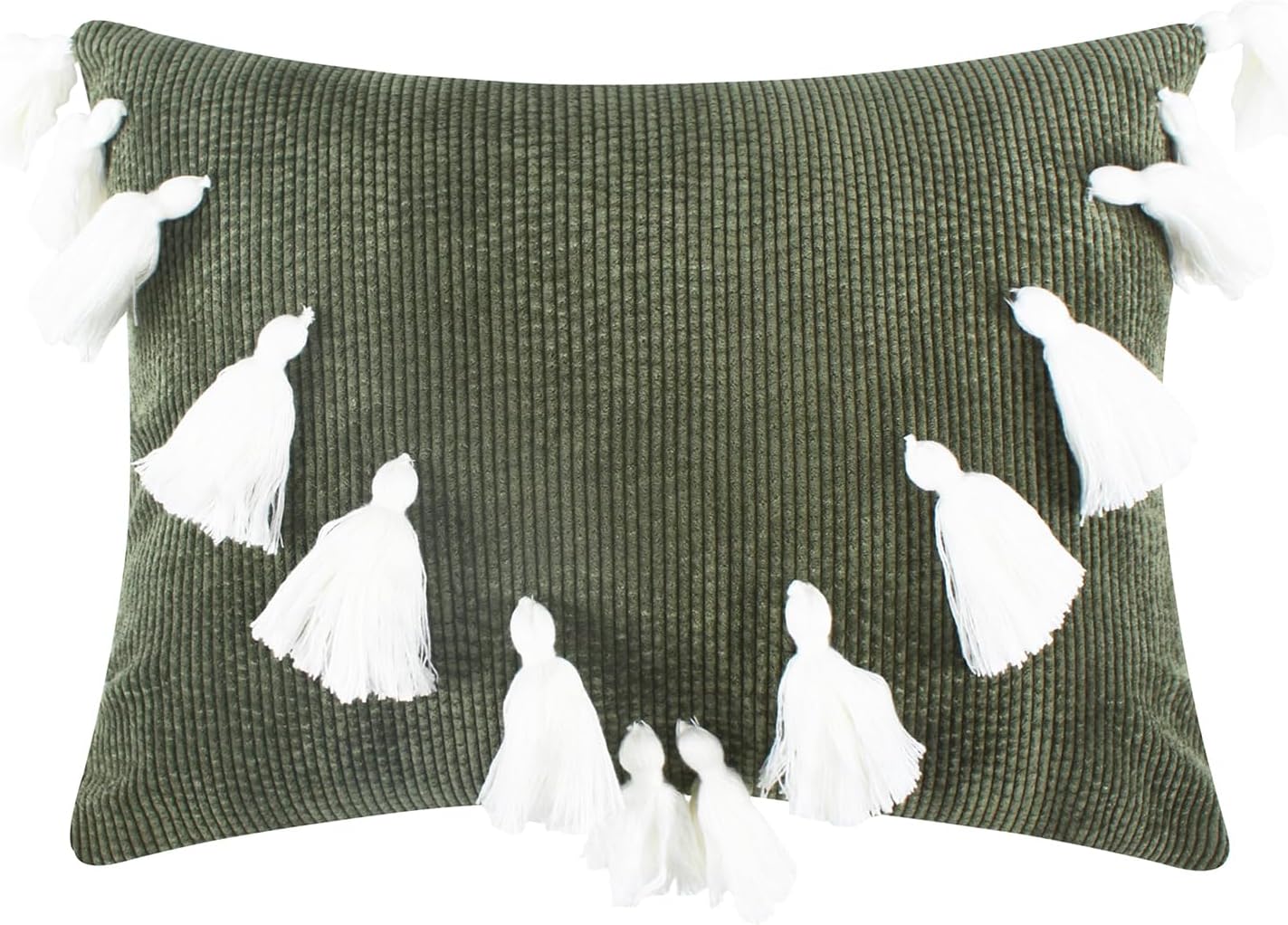 Sage Corduroy Box Throw Pillow with Cream Tassels