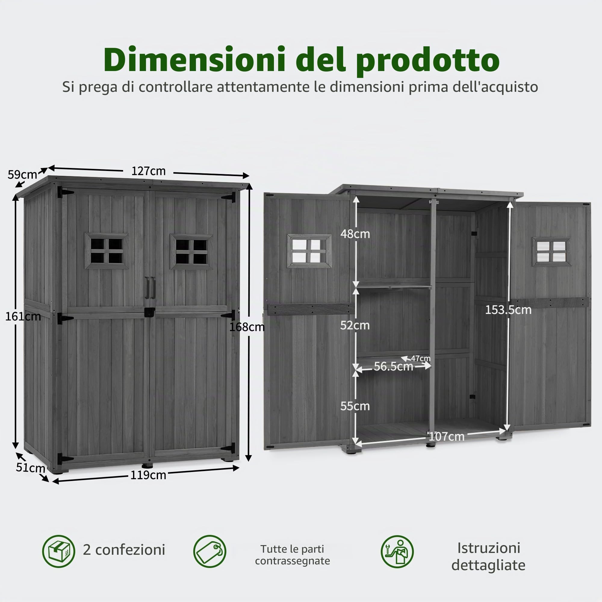 M MCombo armadio da giardino in legno, casetta da giardino piccola resistente alle intemperie, casetta per attrezzi da esterno, per area esterna balcone terrazza, 59×127×168 cm, 0912-F (grigio)