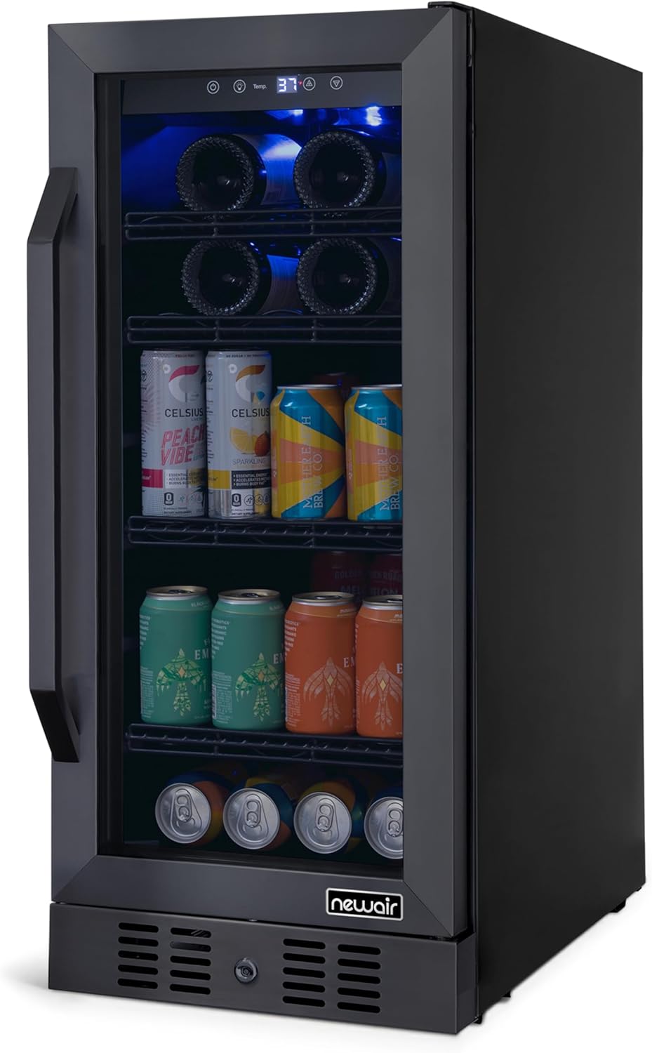 NewAir 15" Single Zone Beverage & Wine Fridge | Beverage & Wine Refrigerator for 33 Bottles / 80 Cans | Freestanding or Built-In Under Counter Mini Fridge for Beer, Wine & Soda | Black Stainless Steel