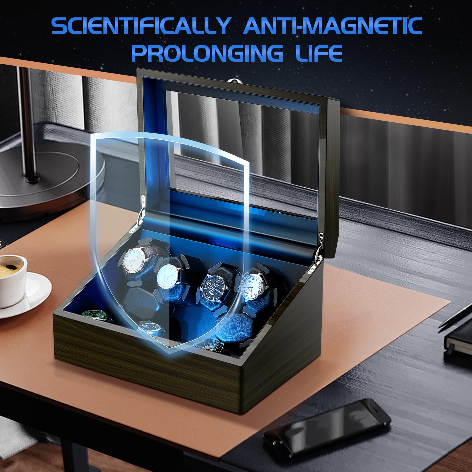 6 Uhr Wickler mit 6 Uhren Lagerung Automatische Uhren Uhrenbeweger für automatische Uhren mit Eingebautem LED-Licht USB Powered Ultra Leise Motor Klavier Lack