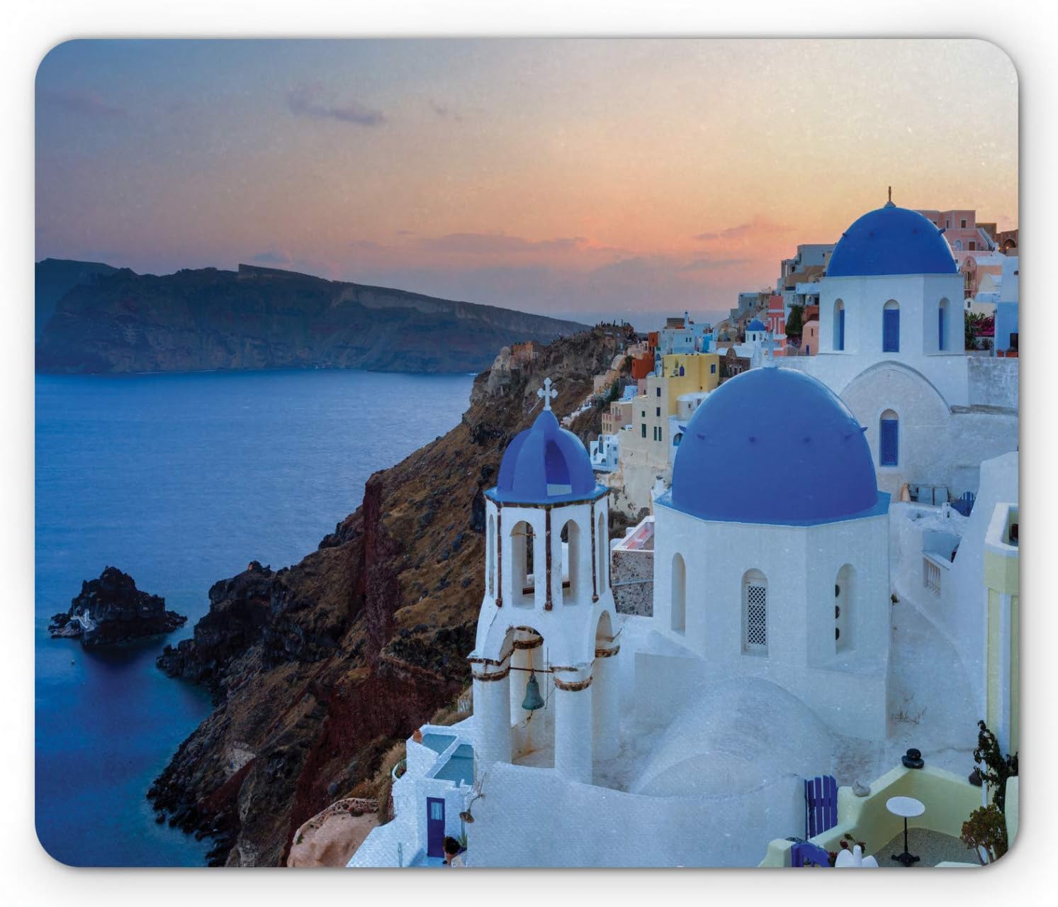 Lunarable Mediterranean Mouse Pad, Dusk Over Blue Domed Structures at Oia Santorini Greece Historical Scene, Rectangle Non-Slip Rubber Mousepad, Standard Size, Multicolor