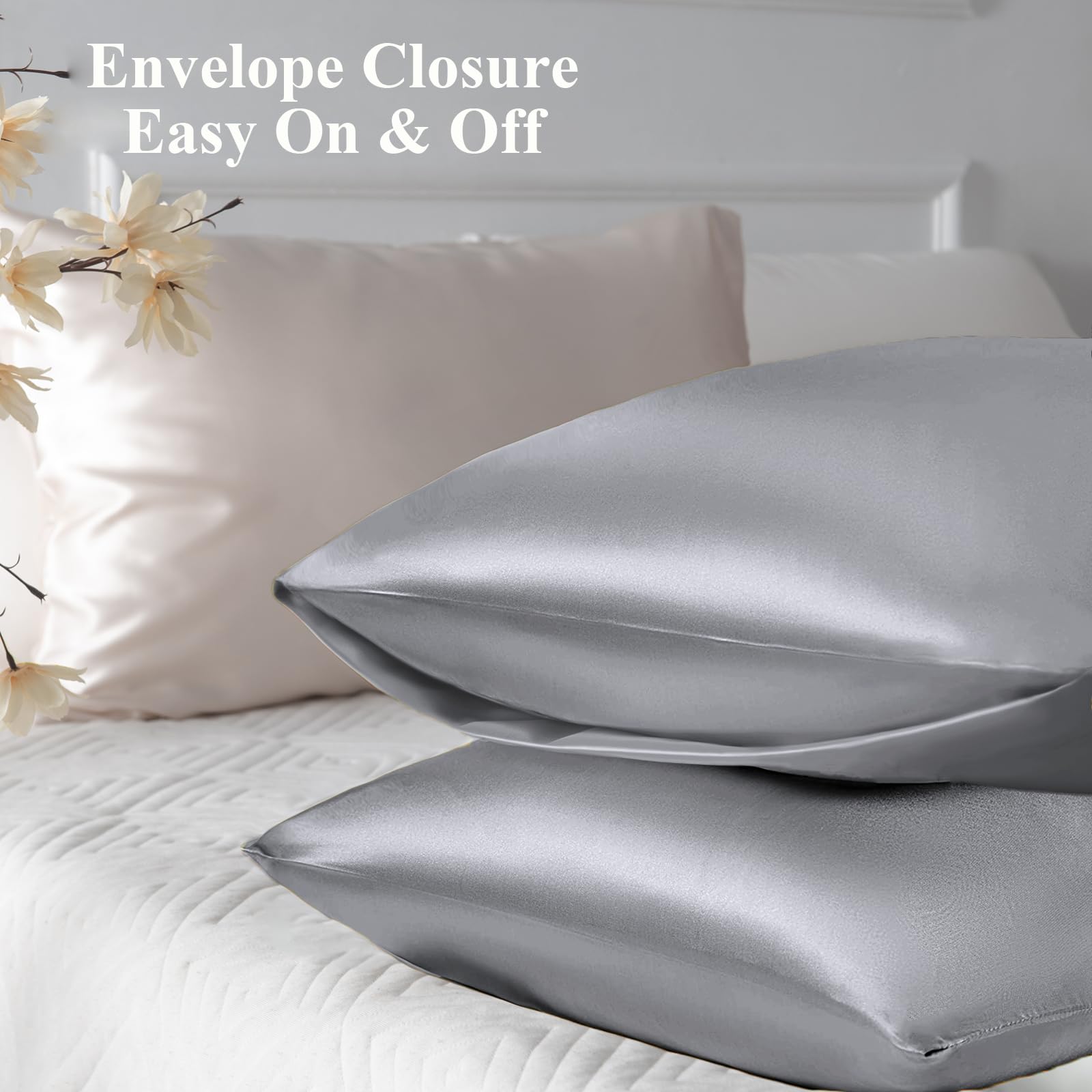 Vielit Satin Pillowcase for Hair and Skin Cooling,Soft as Silk Pillowcase for Hair and Skin,Easier Care than Silk Pillow Cases 4 Pack Grey 50x75cm Gifts for Women Envelope & 2 Scrunchies - Image 3