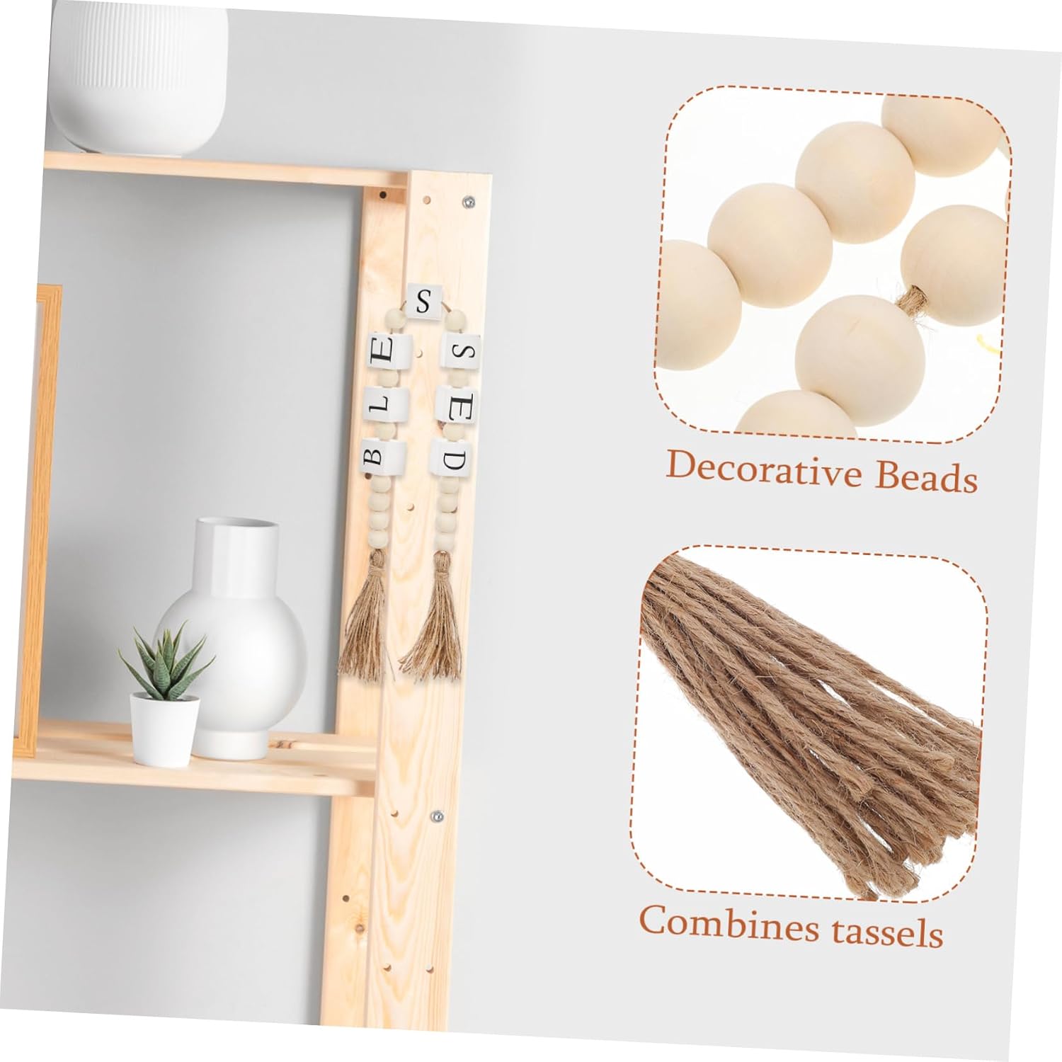 Wood Bead Tassel Garland Natural Decorative Beads for Home Office and Cafe Decor Vintage Style Accents for Tabletop and Shelf Display