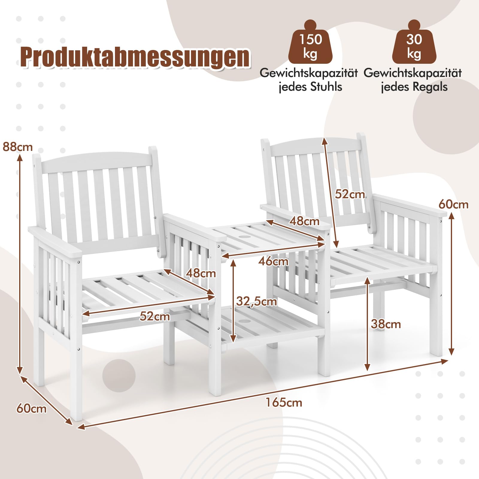 COSTWAY Ławka ogrodowa ze stołem, 2-osobowa ławka z otworem na parasol 5 cm, drewniana ławka z drewna sosnowego do 330 kg, ławka do siedzenia, na zewnątrz, krzesło ogrodowe na balkon, do ogrodu, na