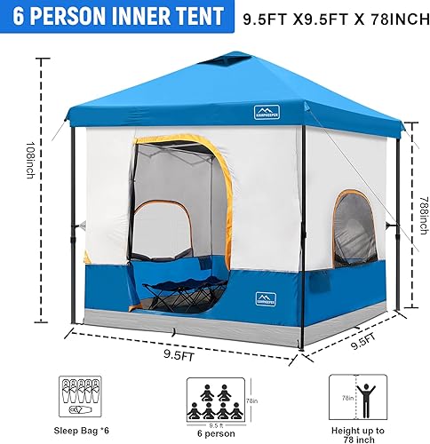 Miniatura 3 de KAMPKEEPER Tienda de campaña para 6 personas, tienda de campaña desplegable de 10 x 10 pies con tienda interior de campamento, convierte el toldo de