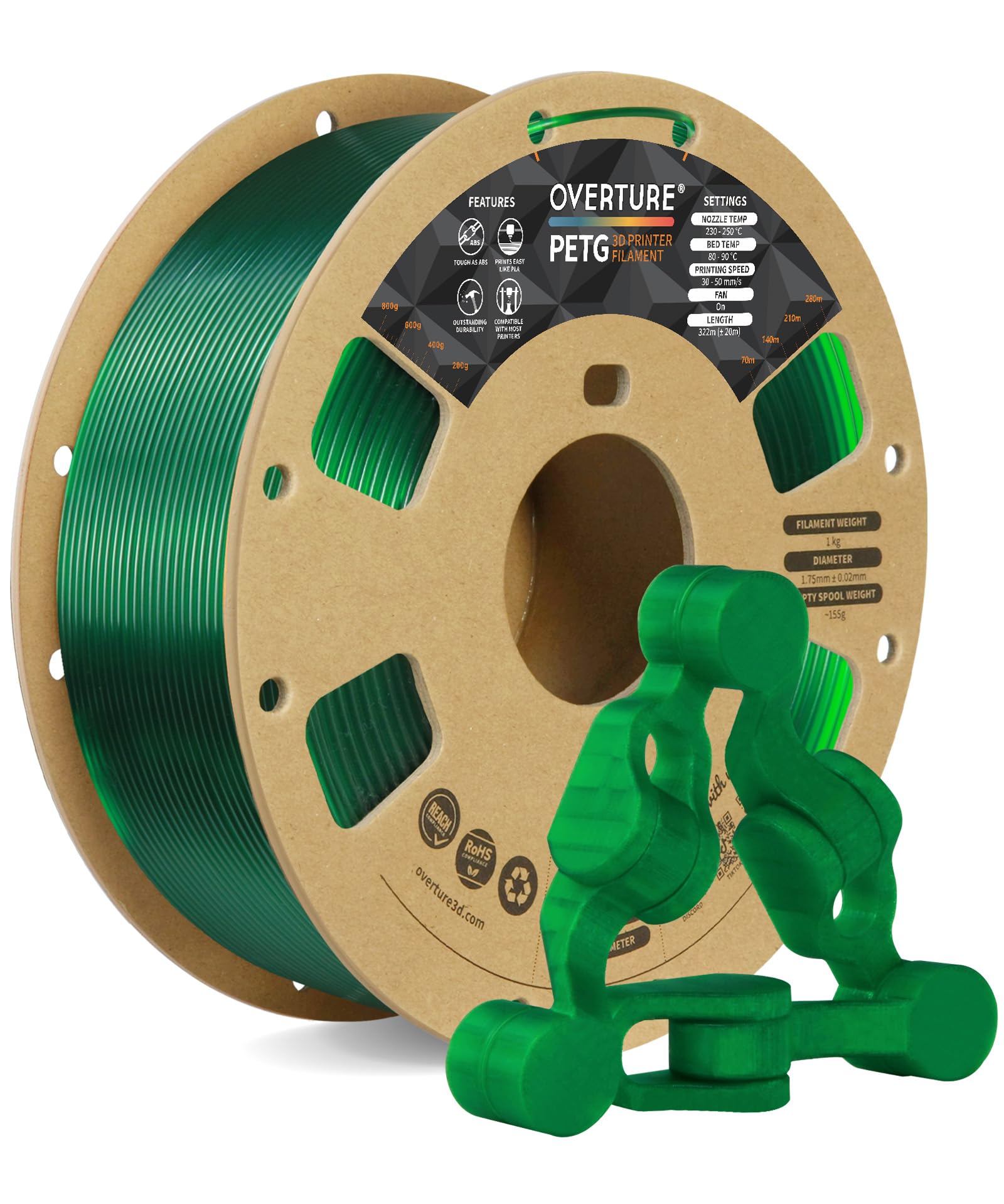 OVERTURE Filamento PETG 1.75mm, 1kg Bobina(2.2lbs), Neatly Wound Durevole PETG Filament per Stampante 3D, Precisione Dimensionale +/- 0.02 mm, 3D Printer Filamento (Verde Trasparente)