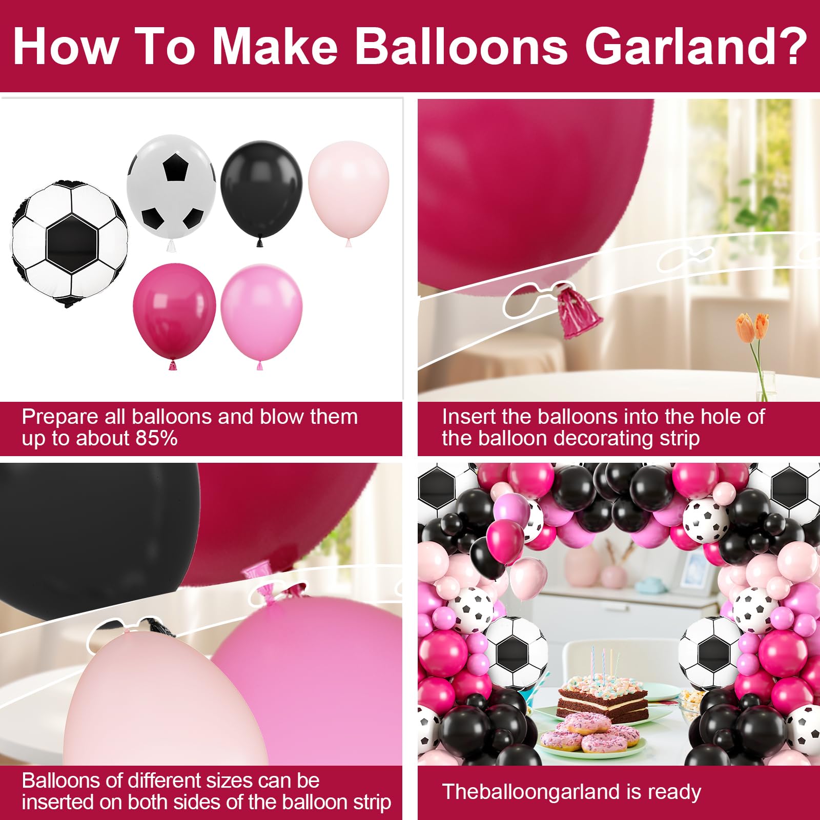 Fussball Luftballon Girlande, Schwarz Rosa Hot Pinke Ballon mit 4D Fußball Folienballons,Fussball Deko Geburtstag Mädchen, Rosa Luftballon Girlande for Fussball Geburtstag Party Dekoration