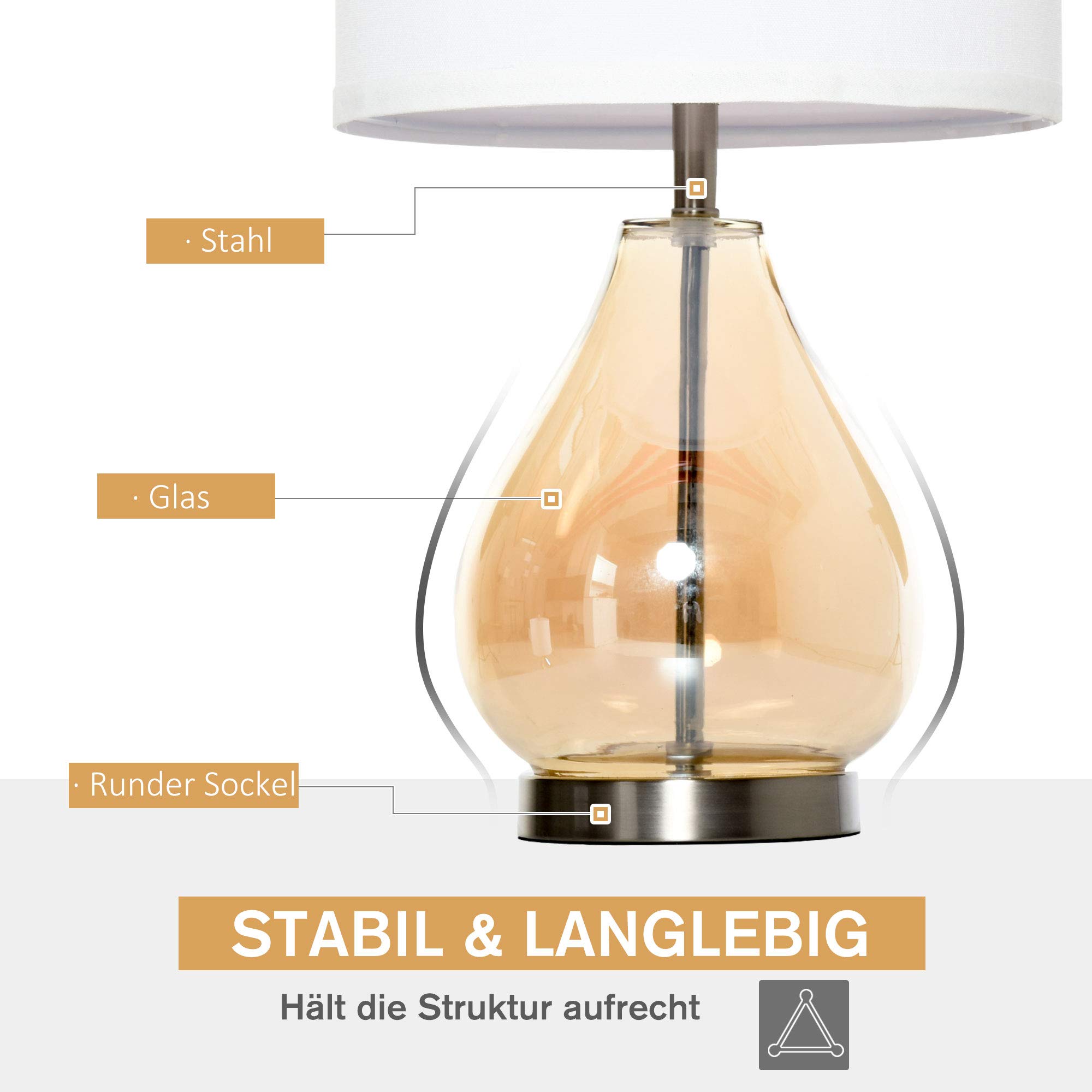 HOMCOM Tischlampe 2er-Set Tischleuchte mit Leinen-Lampenschirm, Glas tropfenförmigen Stangen, Nachttischlampe mit E27-Fassung, für Schlafzimmer, Wohnzimmer, Weiß