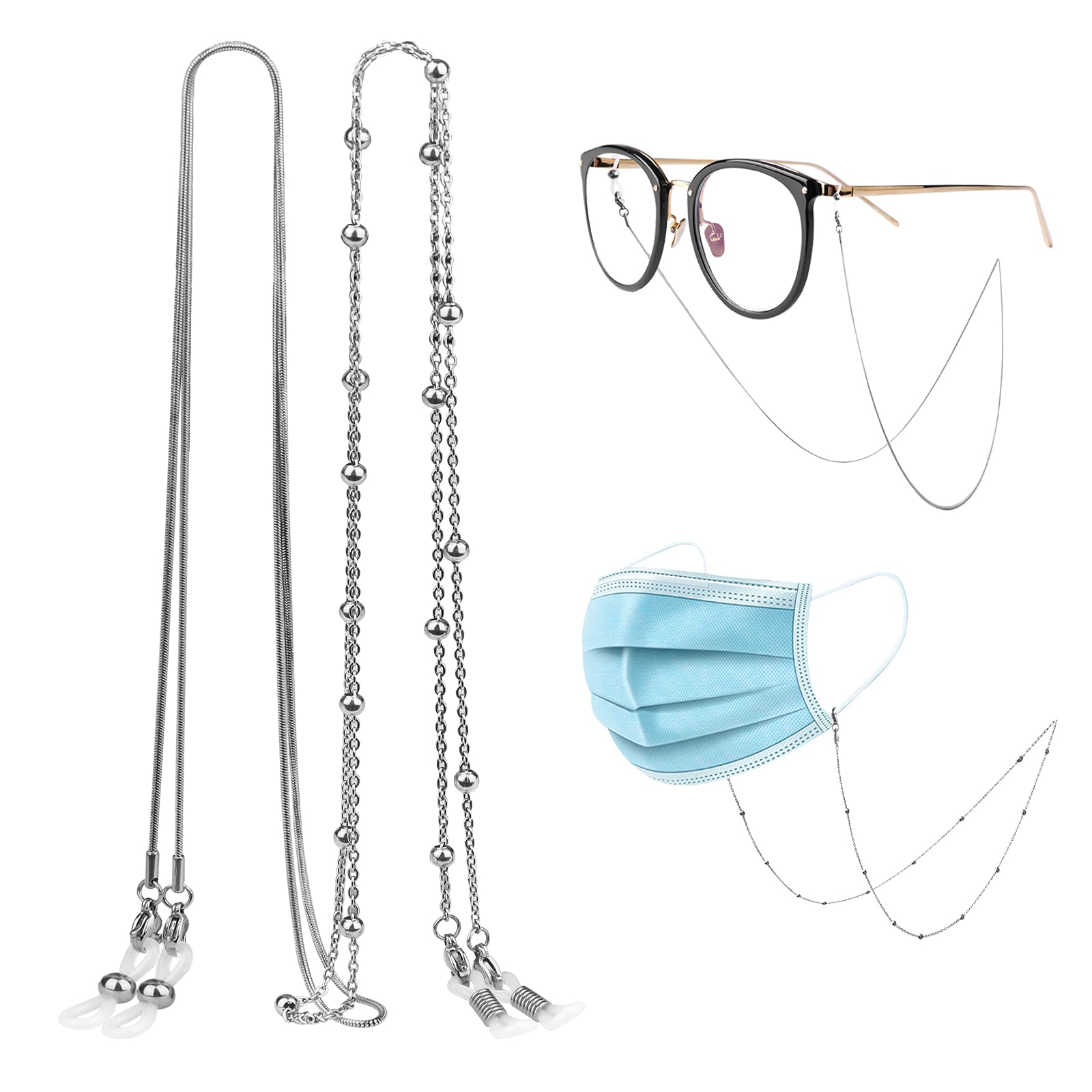 Zingso Cadena de metal para lentes, 2 piezas de extremos de silicona antideslizantes, cadena para gafas de sol, soporte para correa de cuello para gafas de sol, retenedor de cordón para mujeres y