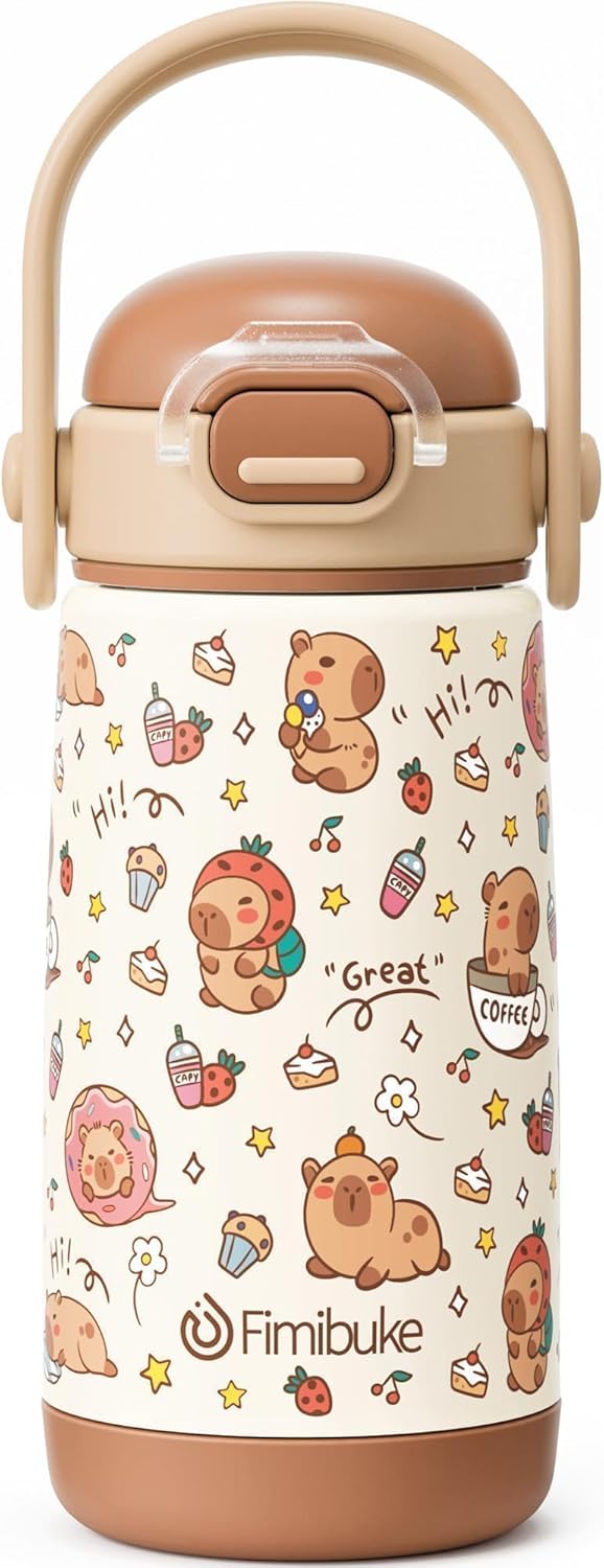 Fimibuke Kids Insulated Water Bottle with Straw Lid & Handle - 14oz BPA FREE 18/8 Stainless Steel Metal Tumbler Leak Proof Double Wall Vacuum Kids Cup Toddler Water Bottle for School Boys Girls