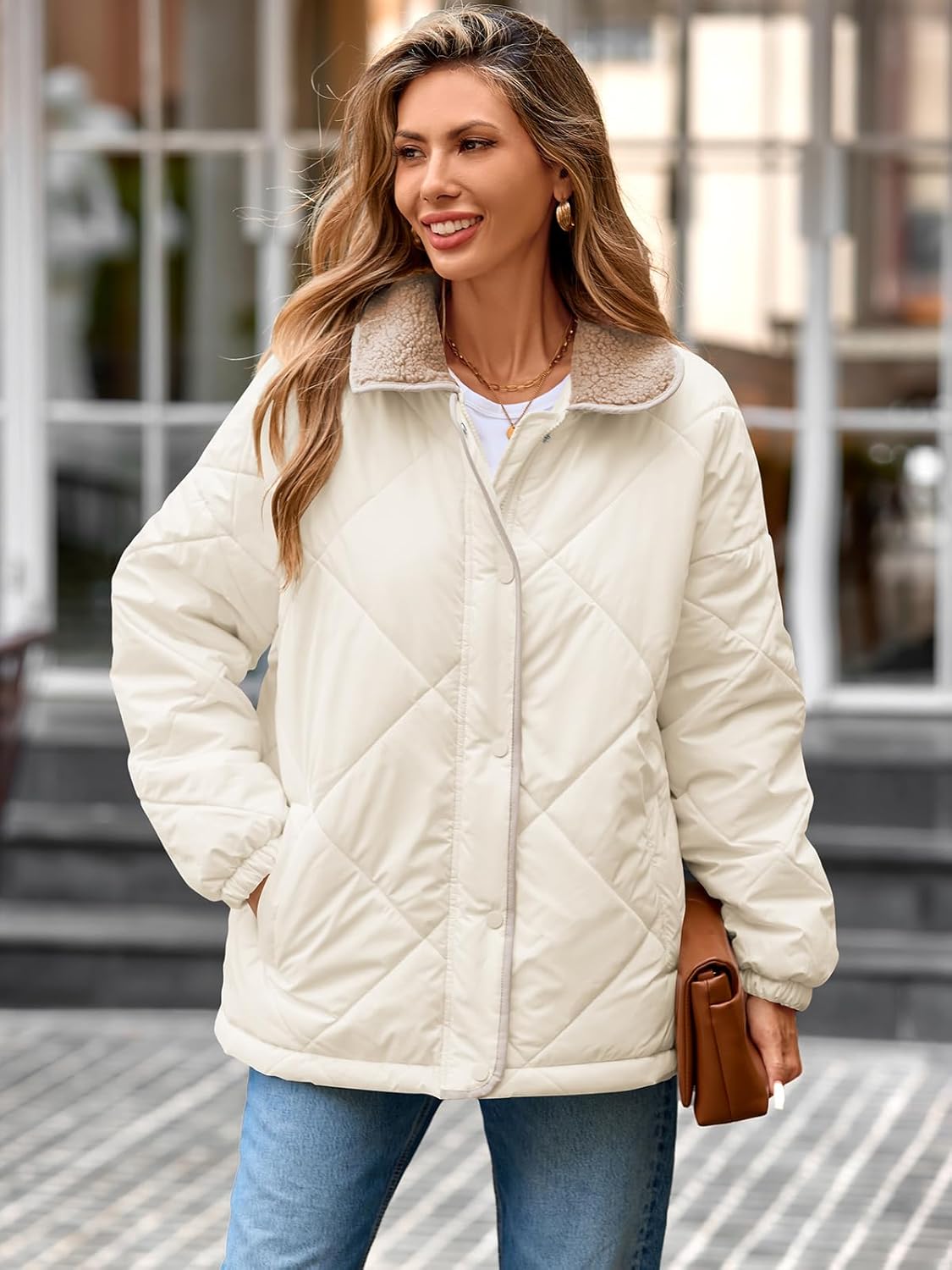 Naggoo Women's Casual Long Sleeve Quilted Jackets Loose Button Down Zipper Winter Puffer Jacket Coat Outwear