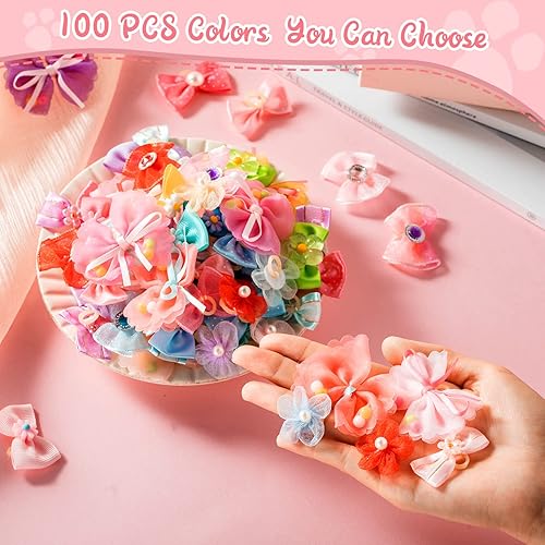 Miniatura 4 de Yunsailing 100 unidades/50 pares de bonitos lazos para el pelo de perro con bandas de goma, pinzas para el pelo de cachorros, accesorios de aseo