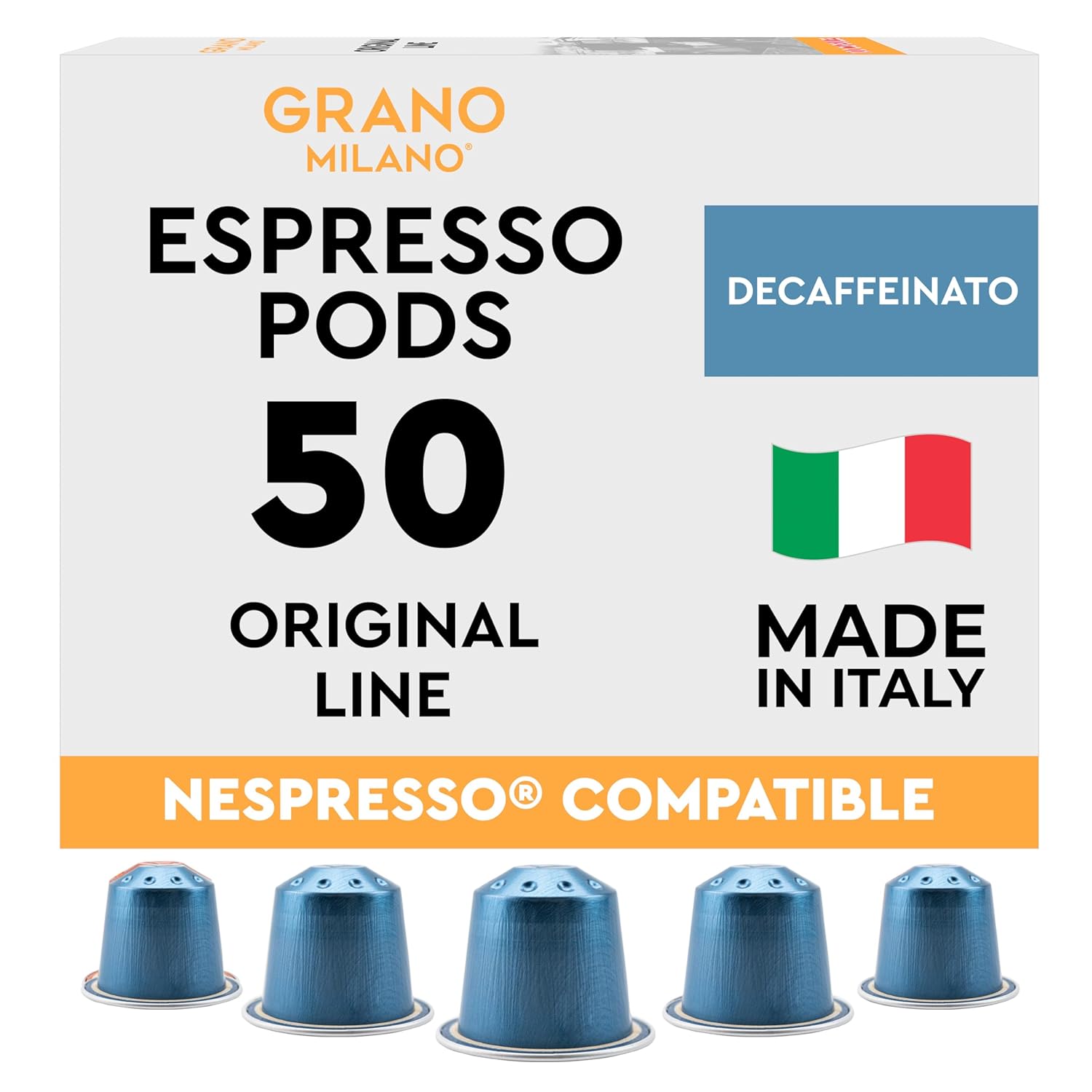 Grano MIlano Decaffeinato - 50 Aluminium Coffee Pods Compatible with Nespresso Original line - Intensity 7, Medium Roast Coffee Capsules Made in Italy