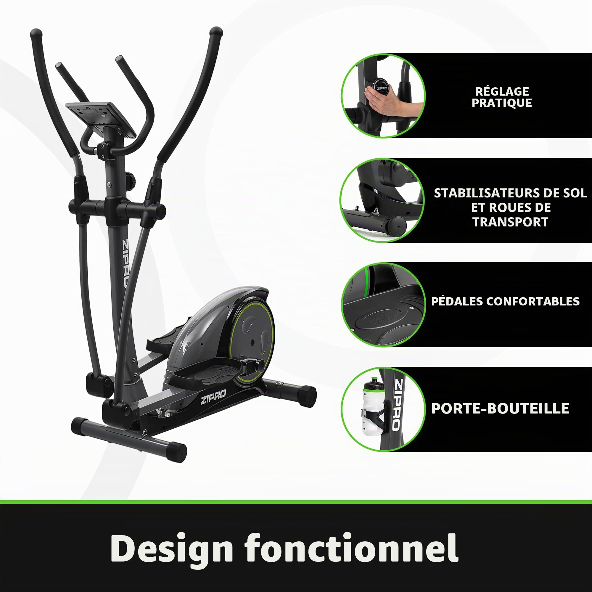 Zipro Crosstrainer Hulk, elliptique jusqu'à 150 kg, équipement d'entraînement Cardio à Domicile, Appareil de Fitness, Machines d'exercice, vélo elliptique, 8 Niveaux de résistance
