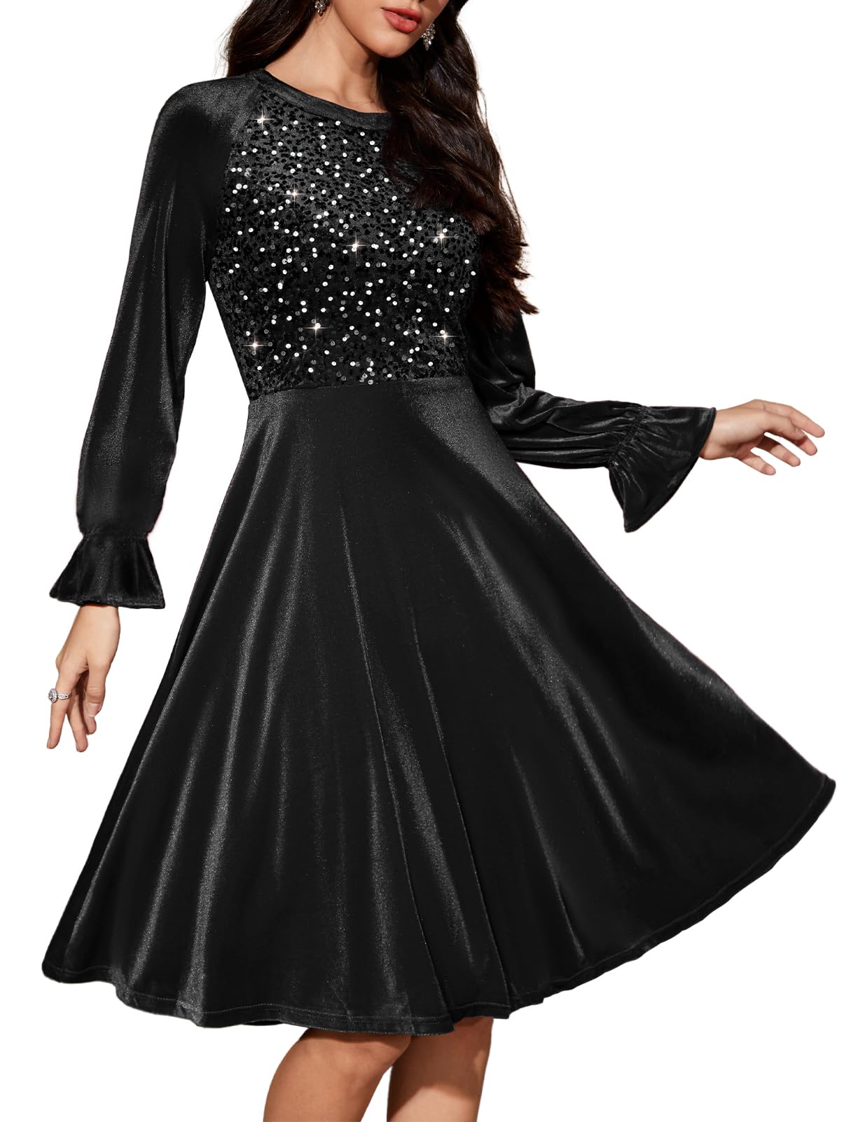 Bbonlinedress Fluwelen jurk voor dames, lange mouwen, elegante avondjurk voor bruiloft, winter, feestelijke jurk, cocktailjurk, V-zwart, M Bbonlinedress Fluwelen jurk voor dames, lange mouwen, elegante avondjurk voor bruiloft, winter, feestelijke jurk, cocktailjurk, V-zwart, M