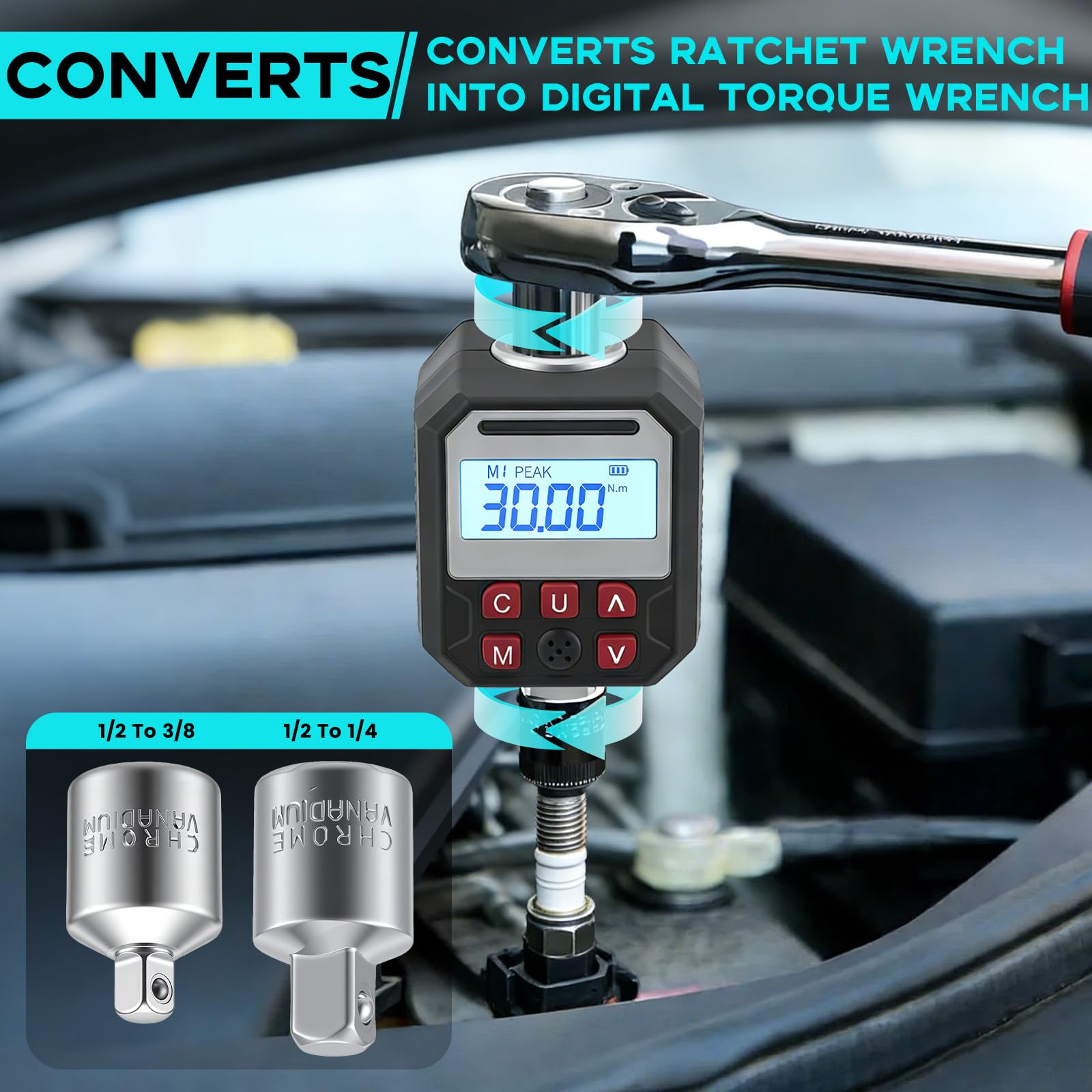 Adattatore Chiave Dinamometrica Digitale 1/2", 5-340 Nm – con attacchi 3/8" e 1/4", display LCD, LED e allarme acustico, Modalità Peak/Trace, 9 Memorie, – per Auto, Moto e Bici
