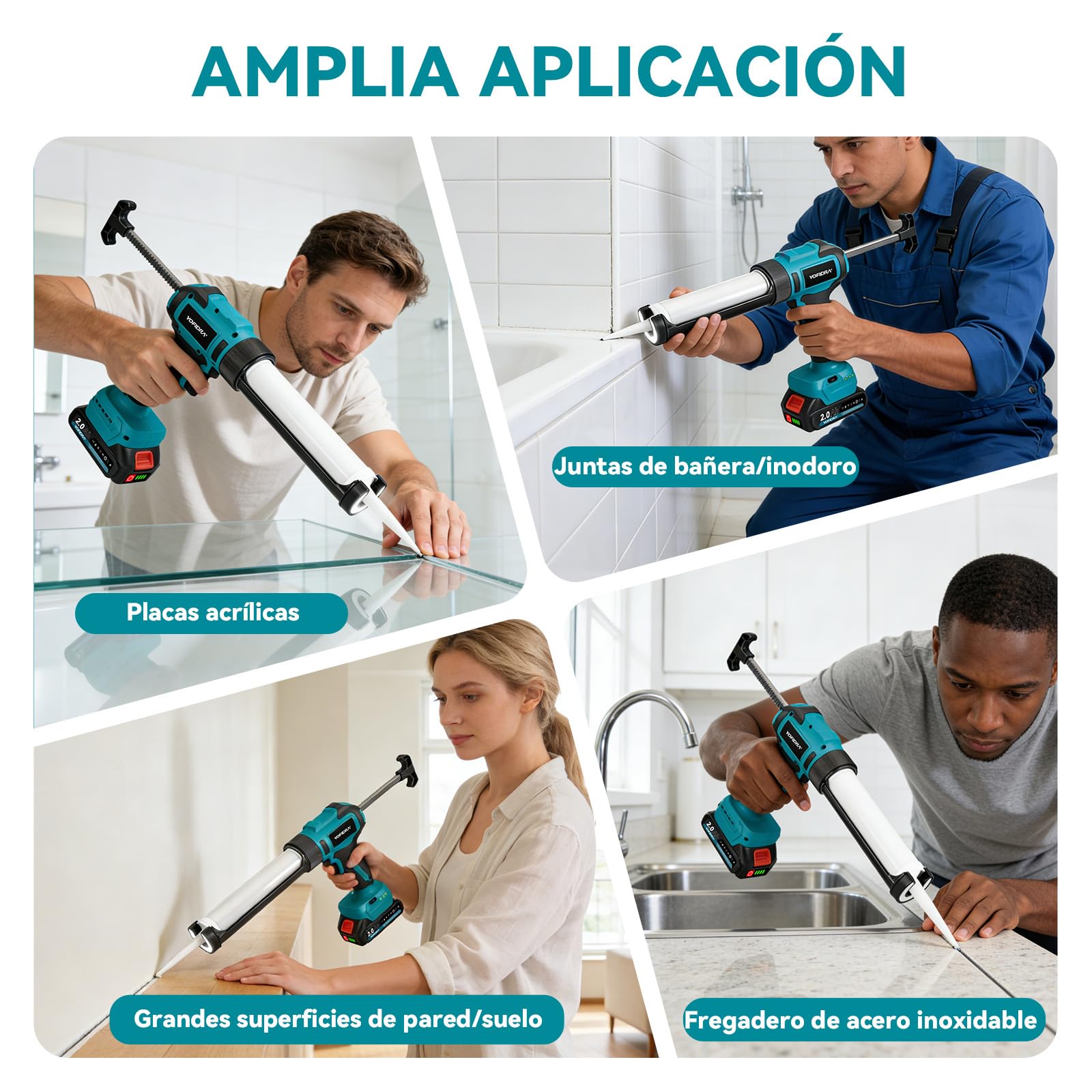 Yofidra Pistola de silicona con batería de 2 baterías de 2,0 Ah, 6 velocidades, 16 boquillas, juego de herramientas de sellado de silicona, luz LED, jeringa de silicona, batería para cartuchos de 300